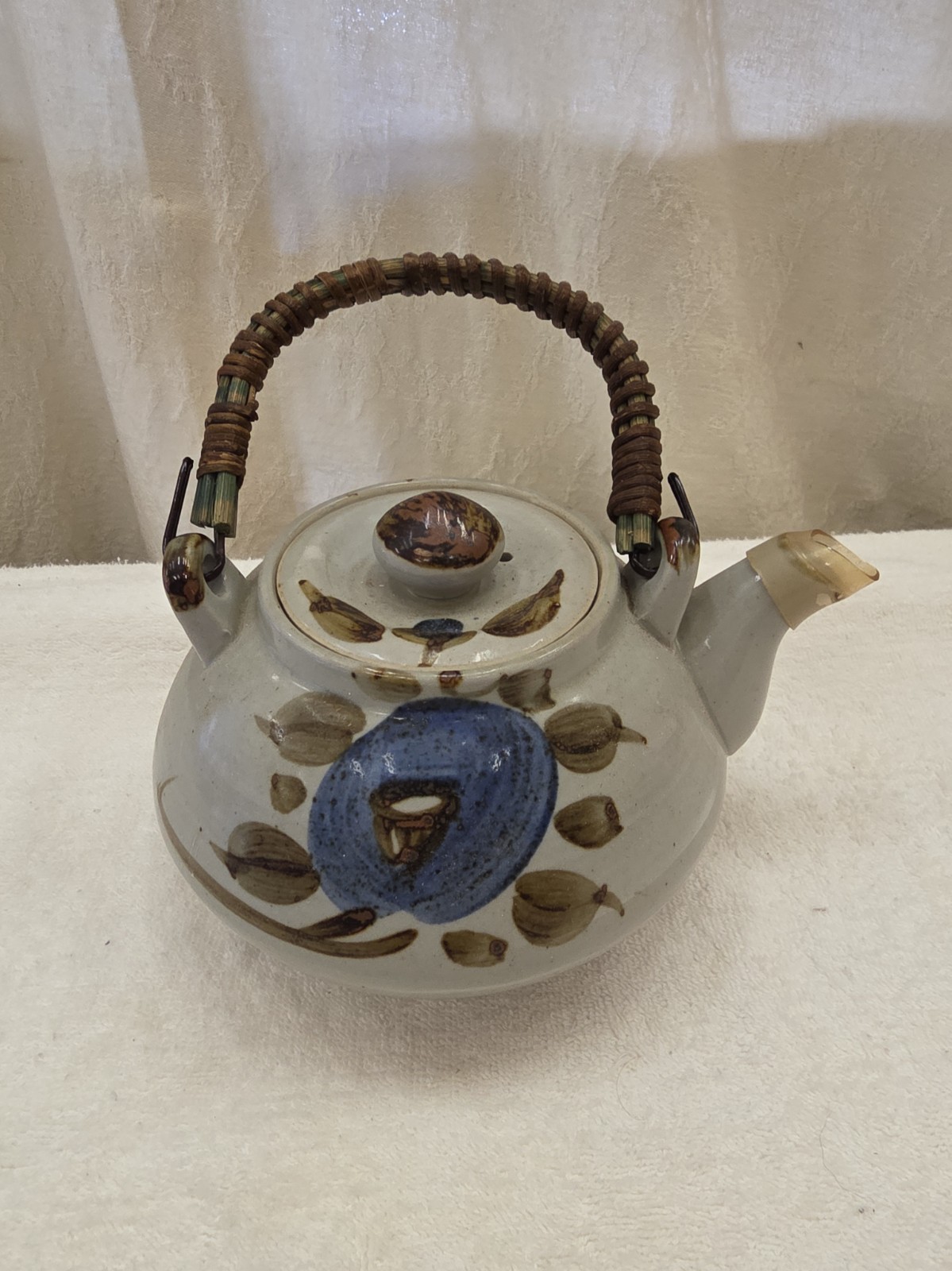 Vintage Asahi Japan Stoneware Teapot Blue Floral Rattan Handle Hand Painted