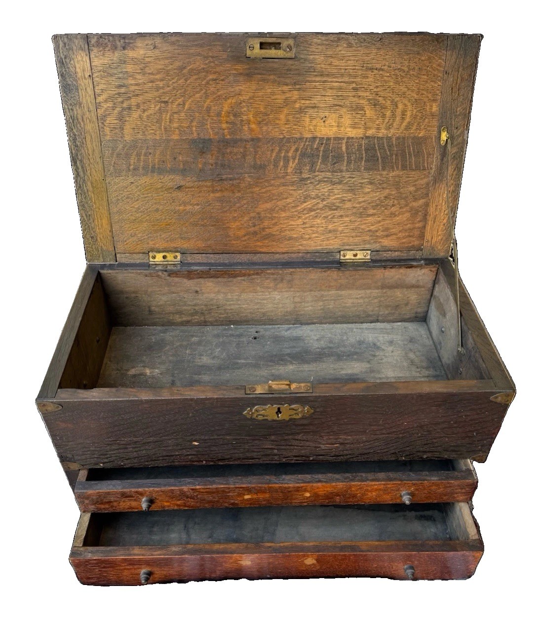 Antique Lift Top 2 Drawer Oak Machinists Tool Chest