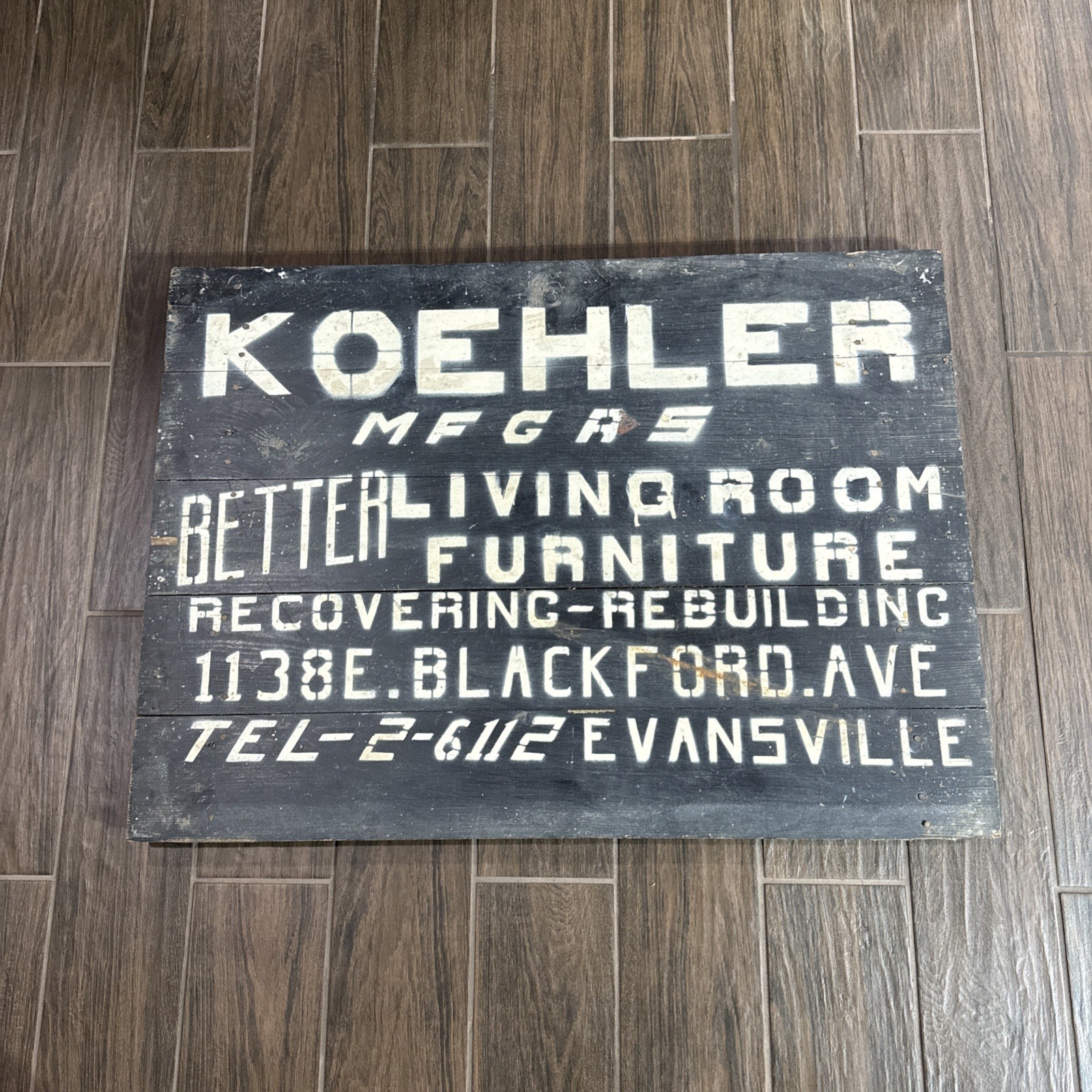 Vintage Koehler Furniture Wood Advertising Sign Evansville Indiana 1940s-50s