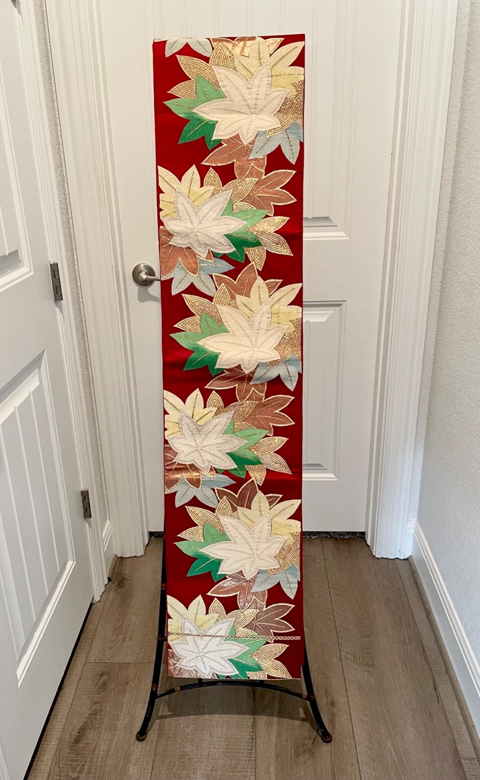 ANTIQUE JAPANESE FUKURO SILK OBI BEAUTIFUL & COLORFUL MAPLE LEAVES PATTERN 