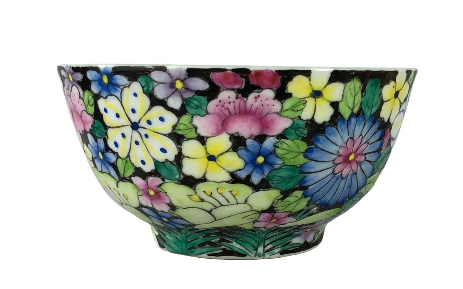 Vtg Chinese Famille Noire Thousand Flora Millefleur Porcelain Bowl 4.5\