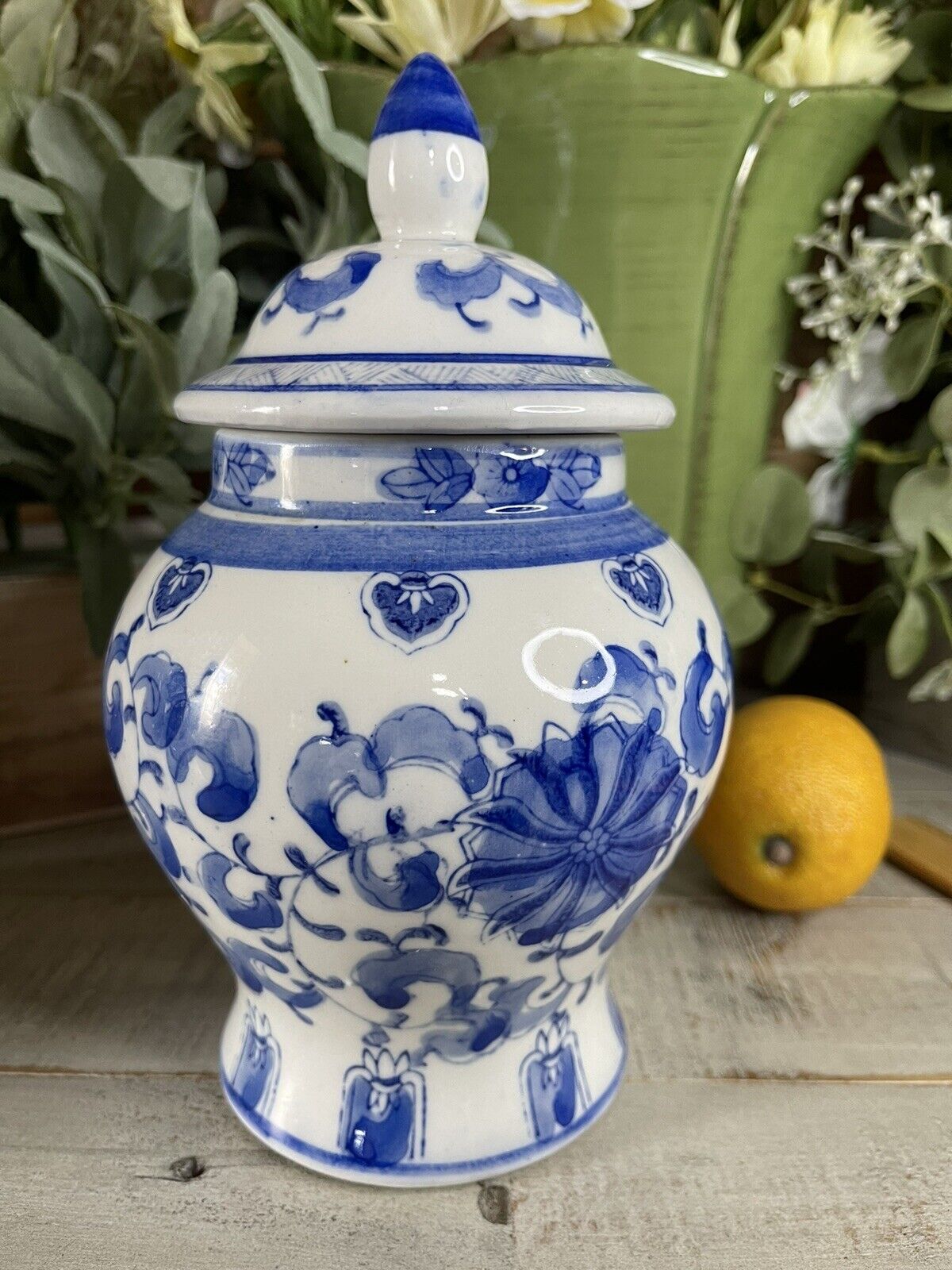 Vintage Blue & White Floral Lidded Ginger Jar