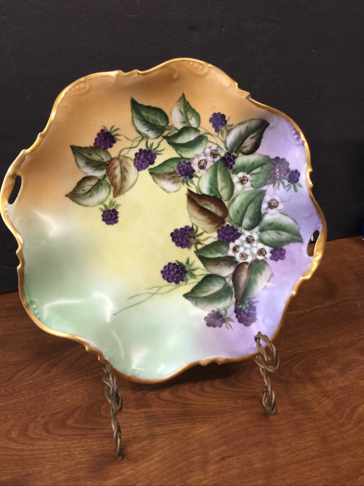 vintage antique German Berry Gilded Hand Painted Floral  purple bowl Dish 