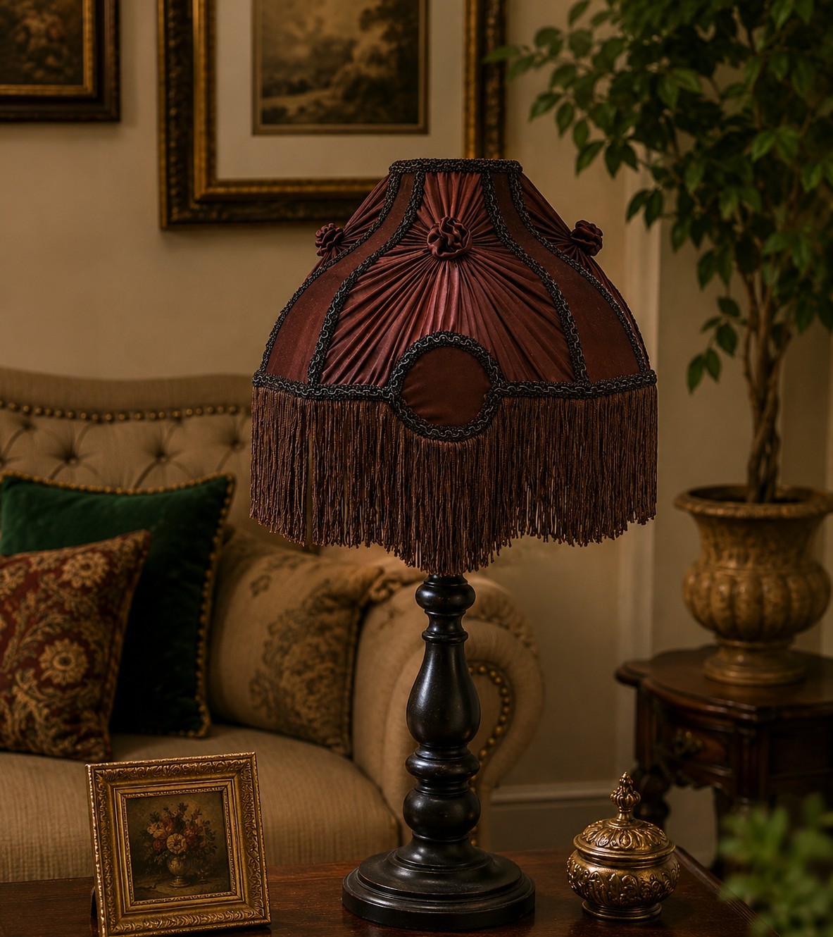 Handmade Victorian Lampshade Burgundy Fabric Fringe Vintage Table Lamp Shade