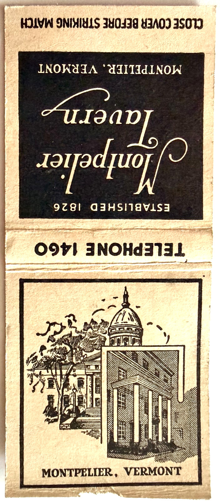 1940s Montpelier Tavern & Restaurant Vintage Matchbook Cover Vermont New England