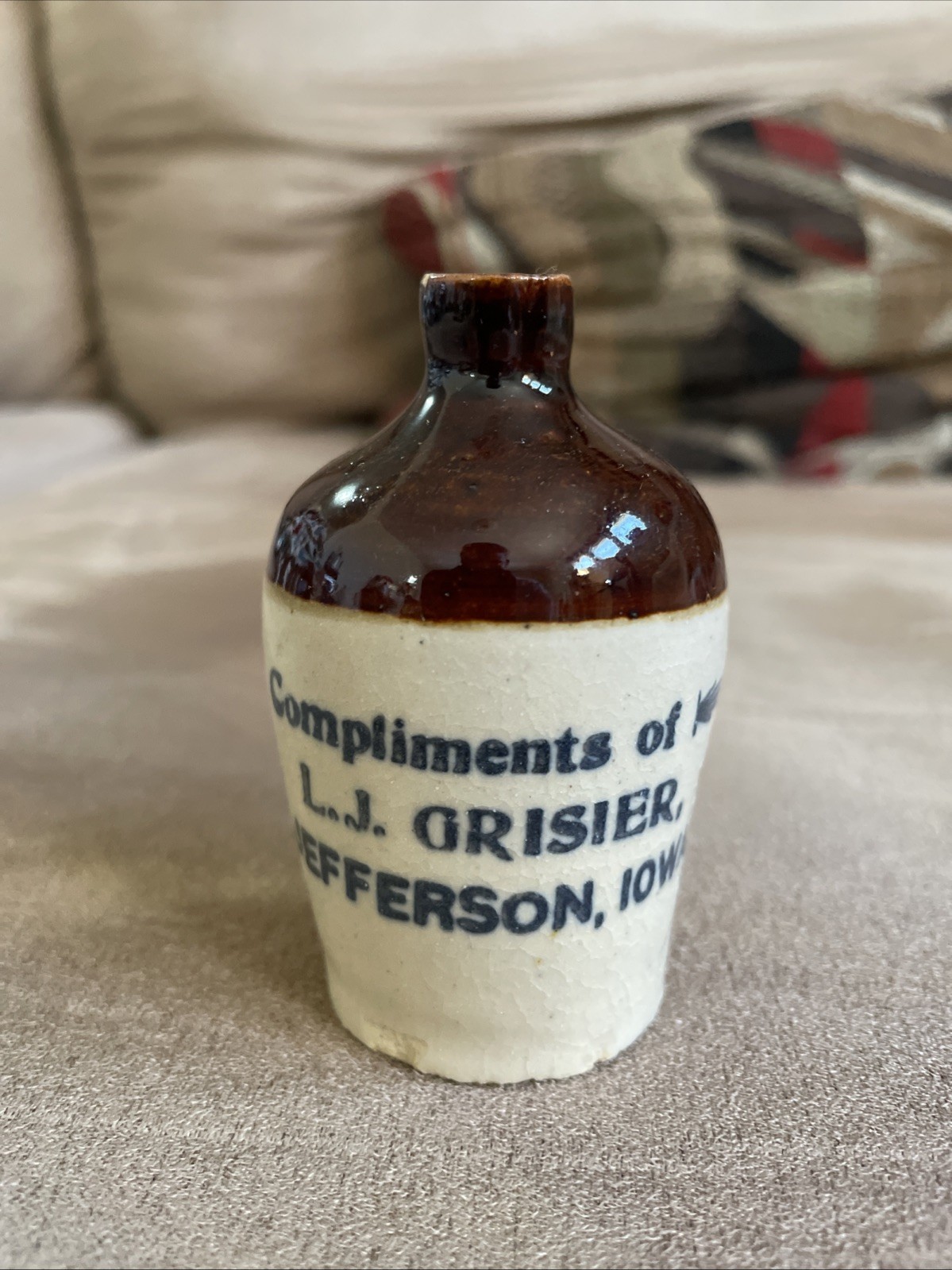 Iowa Mini Jug Jefferson Miniature IA Grisier Compliments Antique Bottle Iowa Mini Jug Jefferson Miniature IA Grisier Compliments Antique Bottle