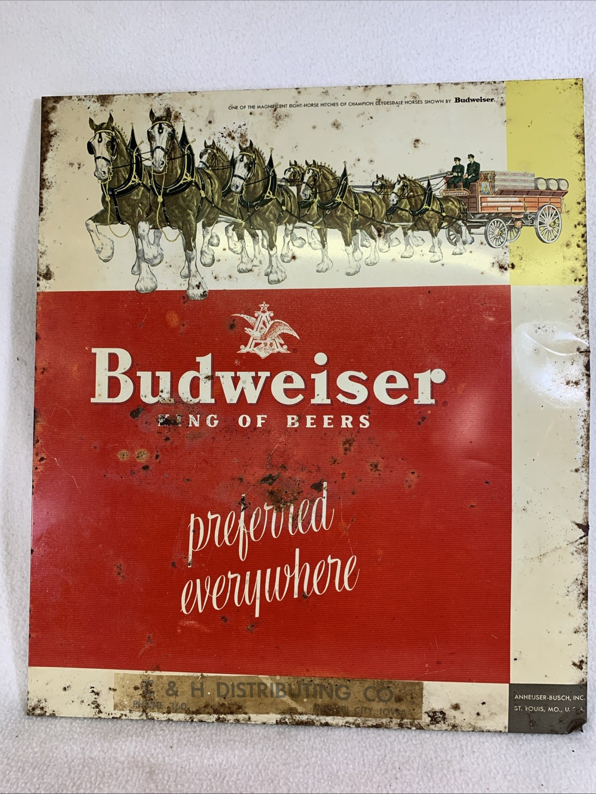 Vintage 1950's Budweiser Beer Tin Over Cardboard Metal Sign Clydesdale