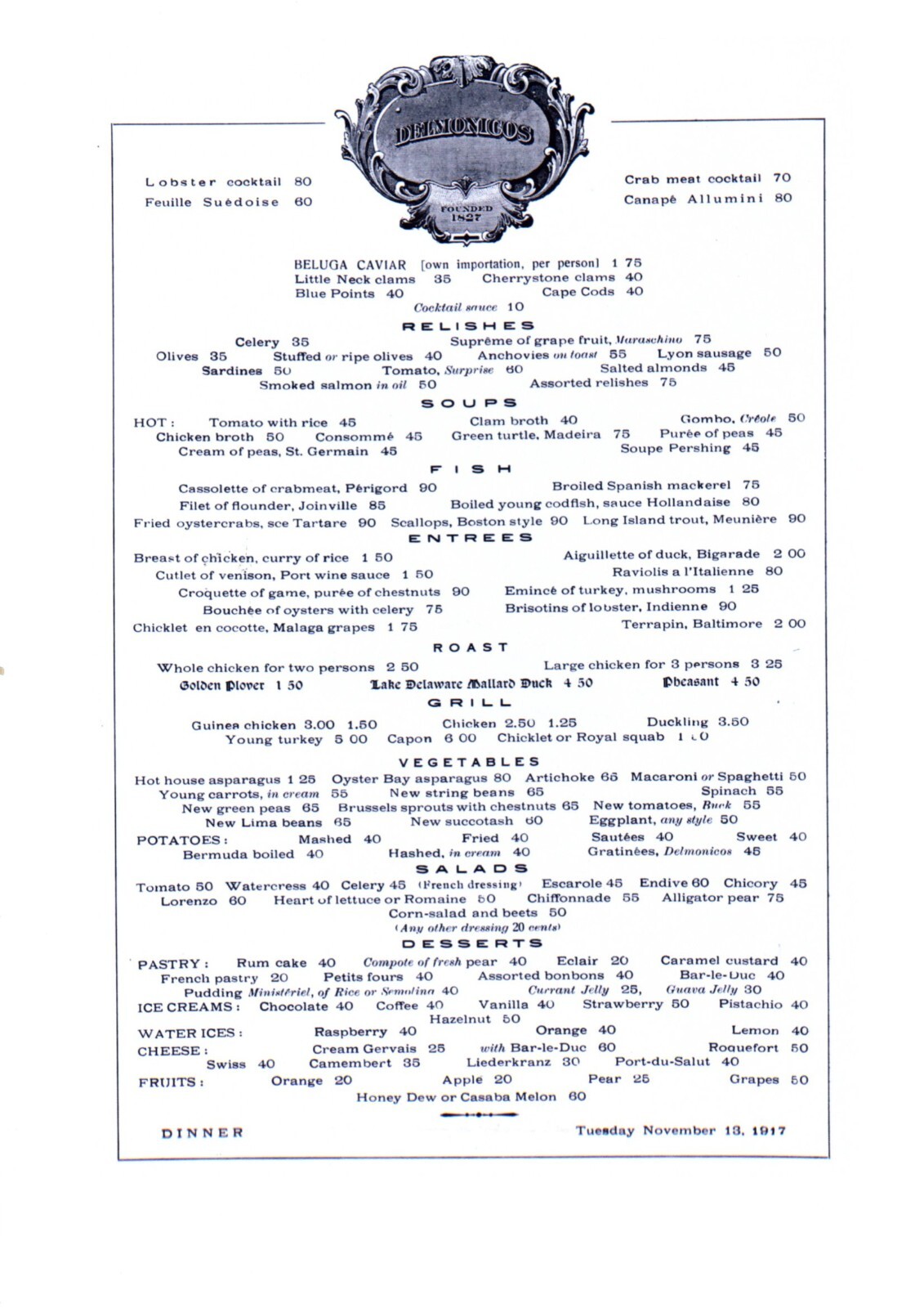 1917 DELMONICOS MENU 8.5X11 GLOSSY REPRINT VINTAGE STYLE 1917 DELMONICOS MENU 8.5X11 GLOSSY REPRINT VINTAGE STYLE