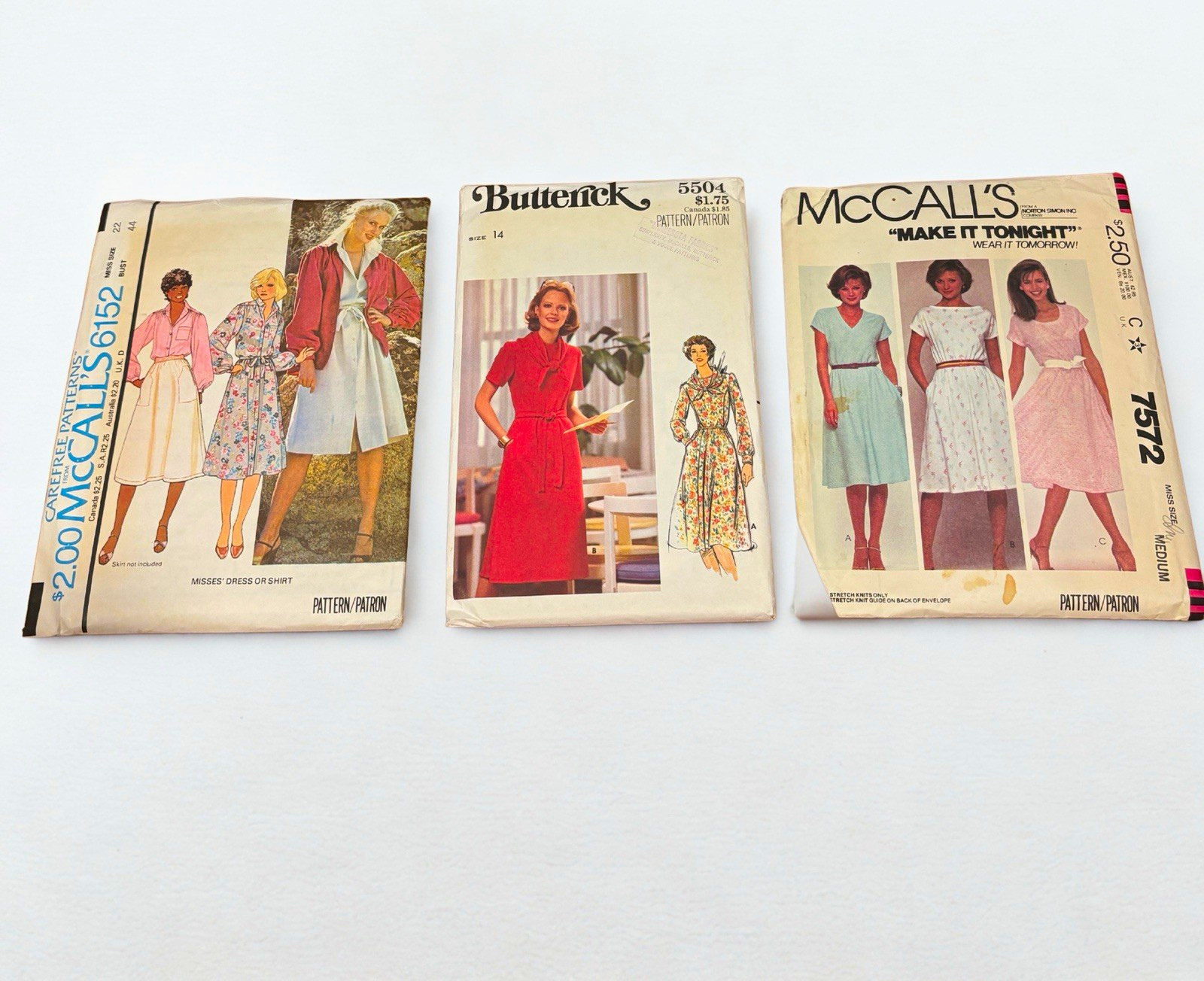 Lot of 3 Vtg 1970s/1980s Sewing Patterns McCall\'s 6152 7572 Butterick 5504 Dress