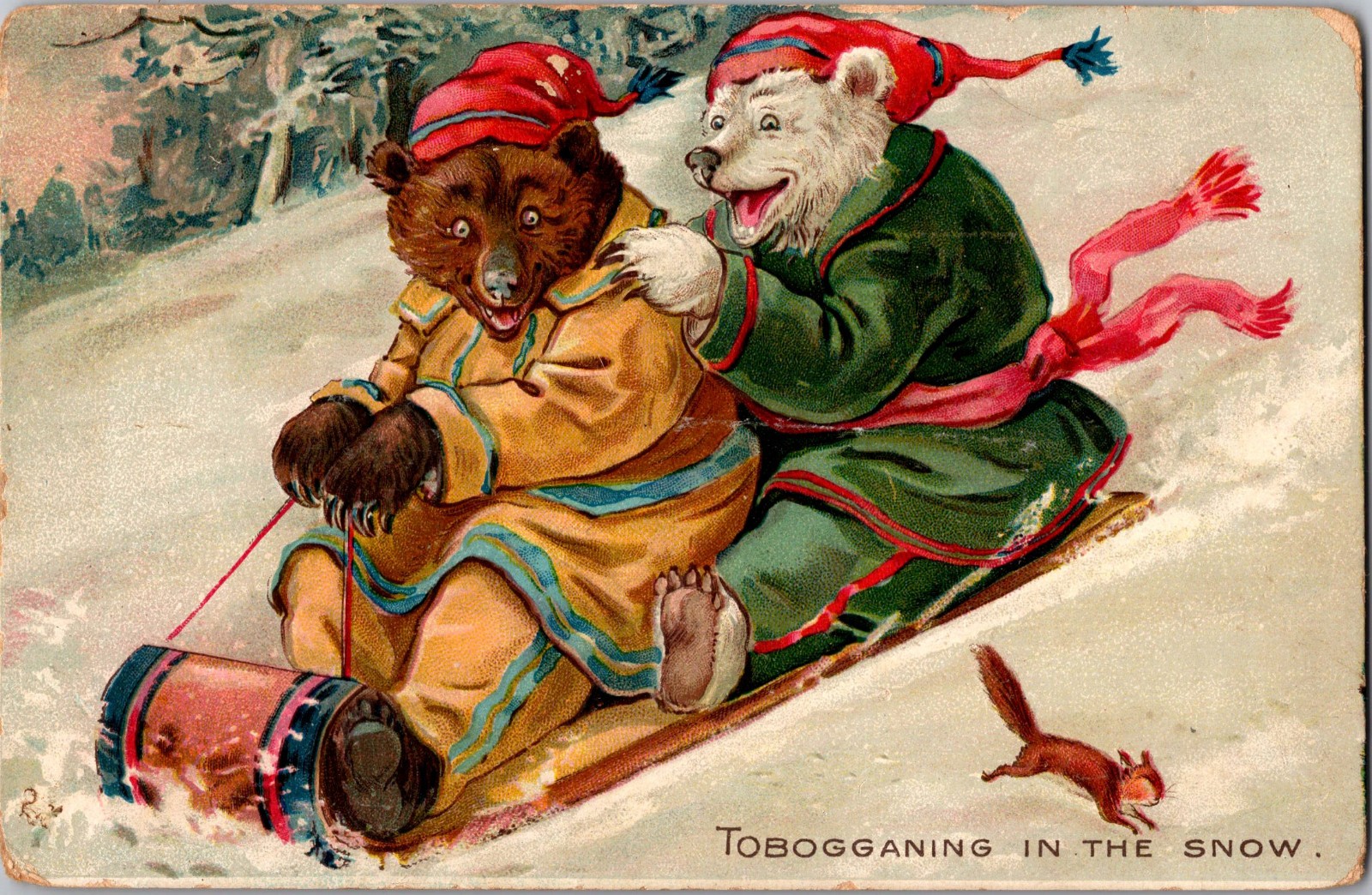 [86i] Postcard Unused, Raphael Tuck Little  Bears Tabogganing In The Snow