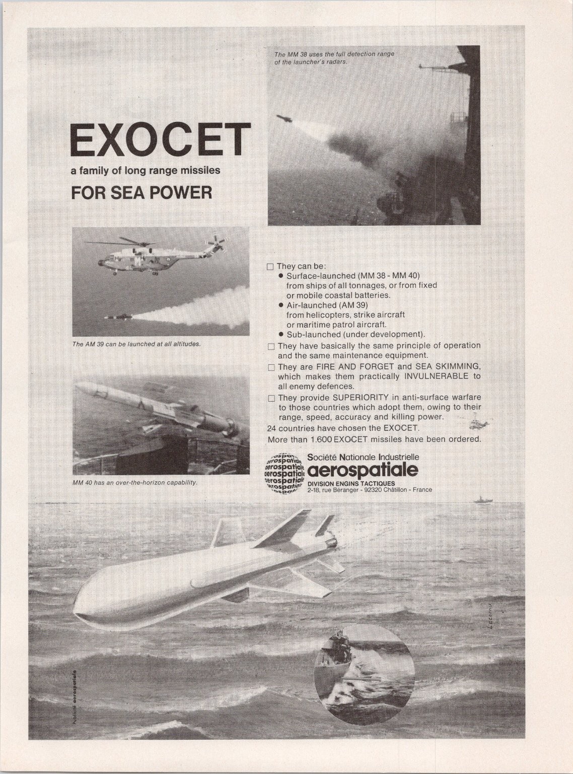 Aerospatiale EXOCET Missiles Vintage Magazine Ad Print 1980s