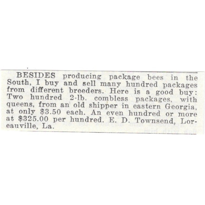 E.D. Townsend Package Bees Loreauville Louisiana 1926 Ad AG3-S23 E.D. Townsend Package Bees Loreauville Louisiana 1926 Ad AG3-S23