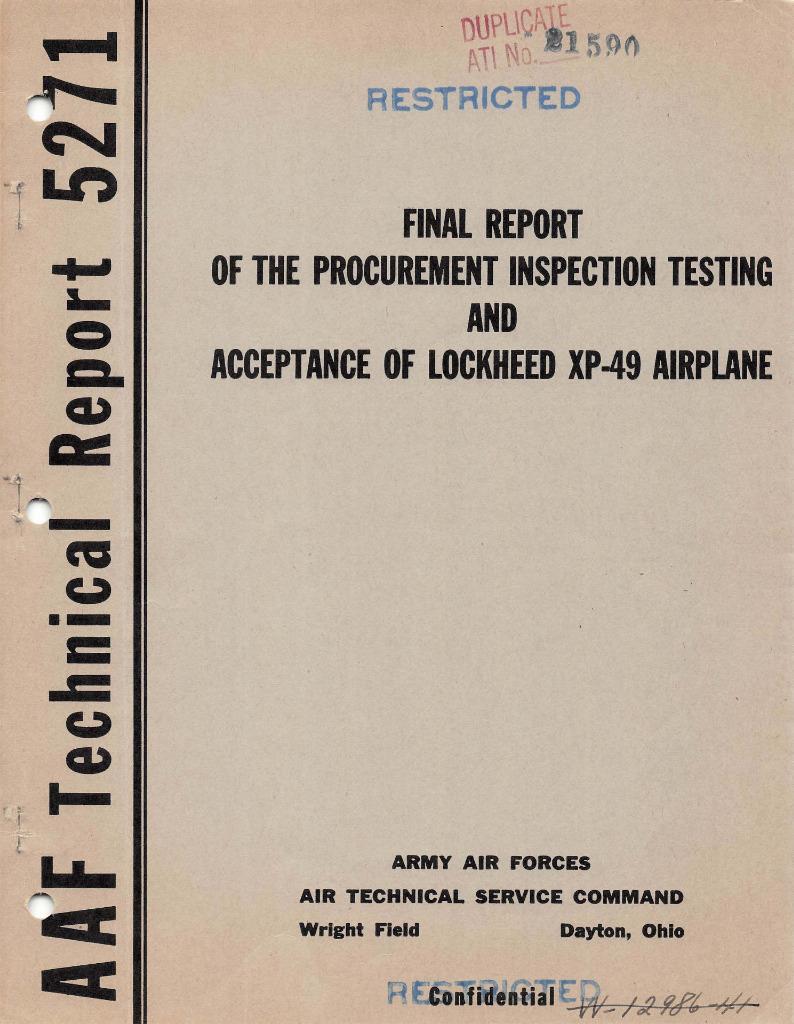 1945 AAF LOCKHEED XP-49 LIGHTNING PROCUREMENT,INSPECTION,TESTING & ACCEPTANCE-CD