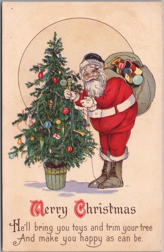 c1910s MERRY CHRISTMAS Postcard SANTA CLAUS / Bag of Toys & Tree - STECHER 745B