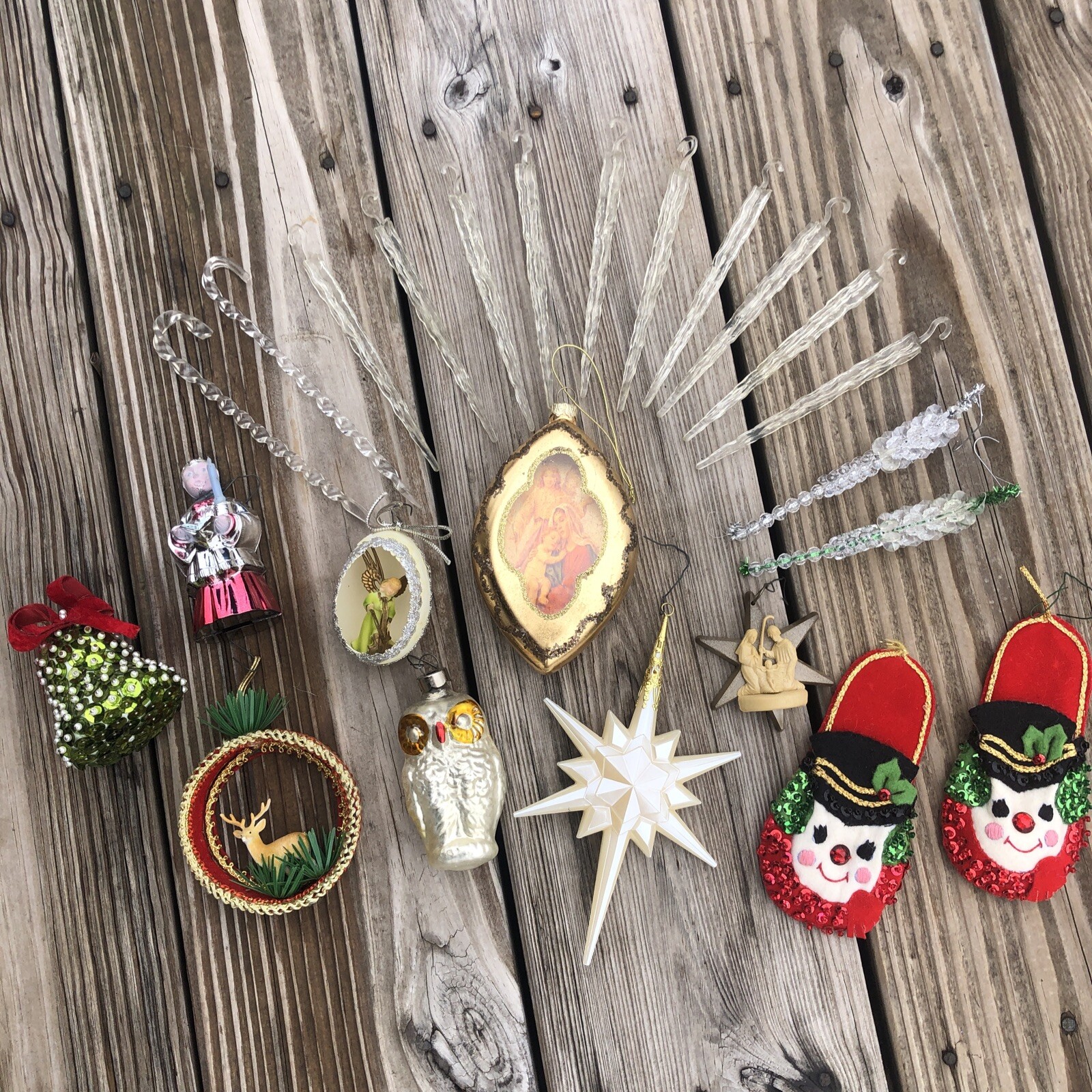 VTG Lot of Christmas Ornaments Icicles Santa Owl Deer Bell Choir Boy Star Jesus VTG Lot of Christmas Ornaments Icicles Santa Owl Deer Bell Choir Boy Star Jesus