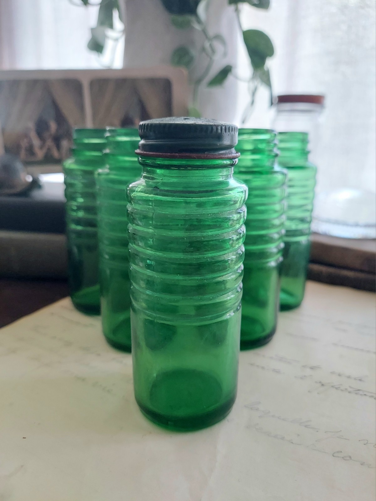 Vintage Owen’s Illinois Green Ribbed Depression Glass Spice Jar Lot