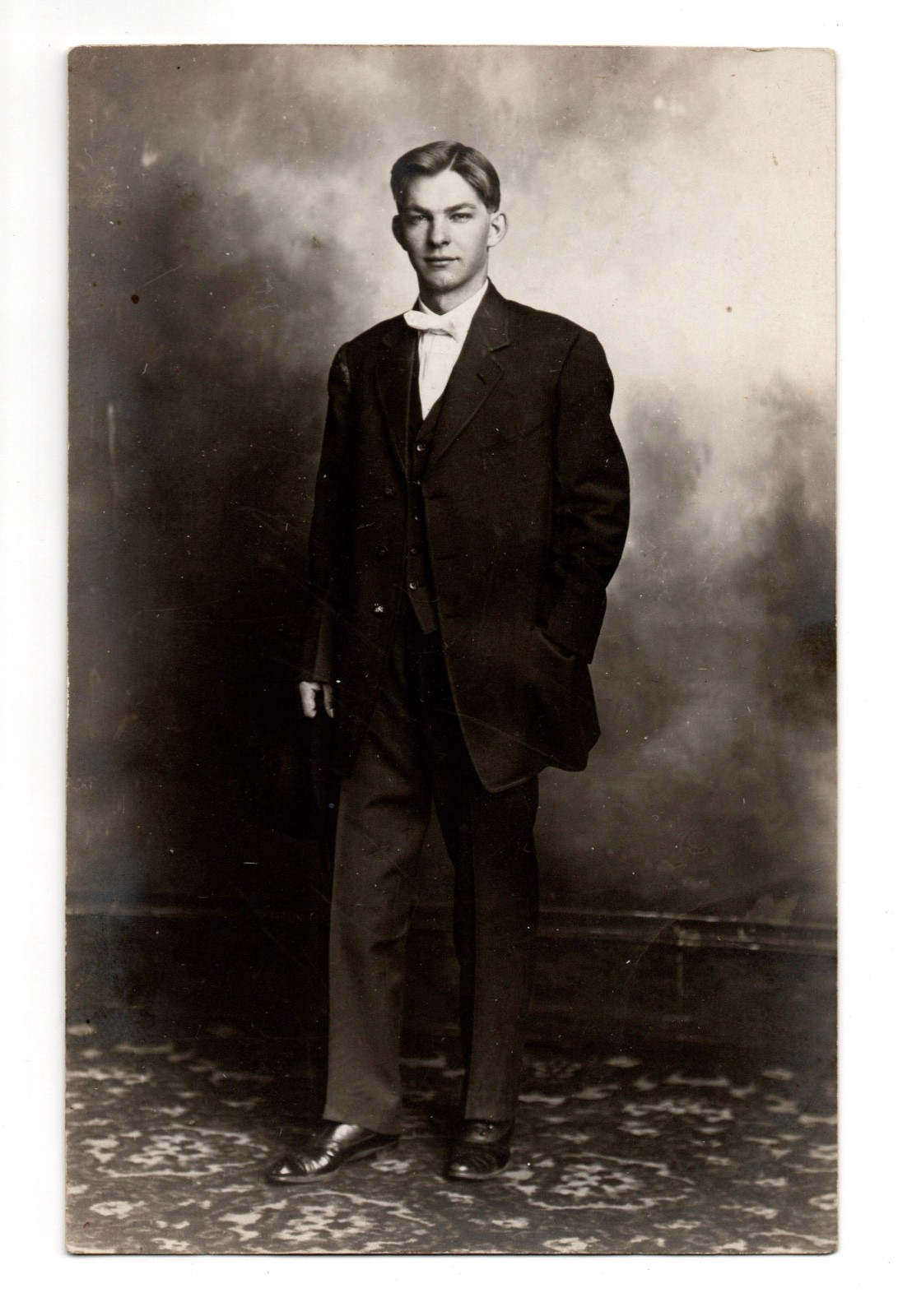 Edwardian Studio Portrait Young Man Standing Real Photo Postcard RPPC Unposted Edwardian Studio Portrait Young Man Standing Real Photo Postcard RPPC Unposted