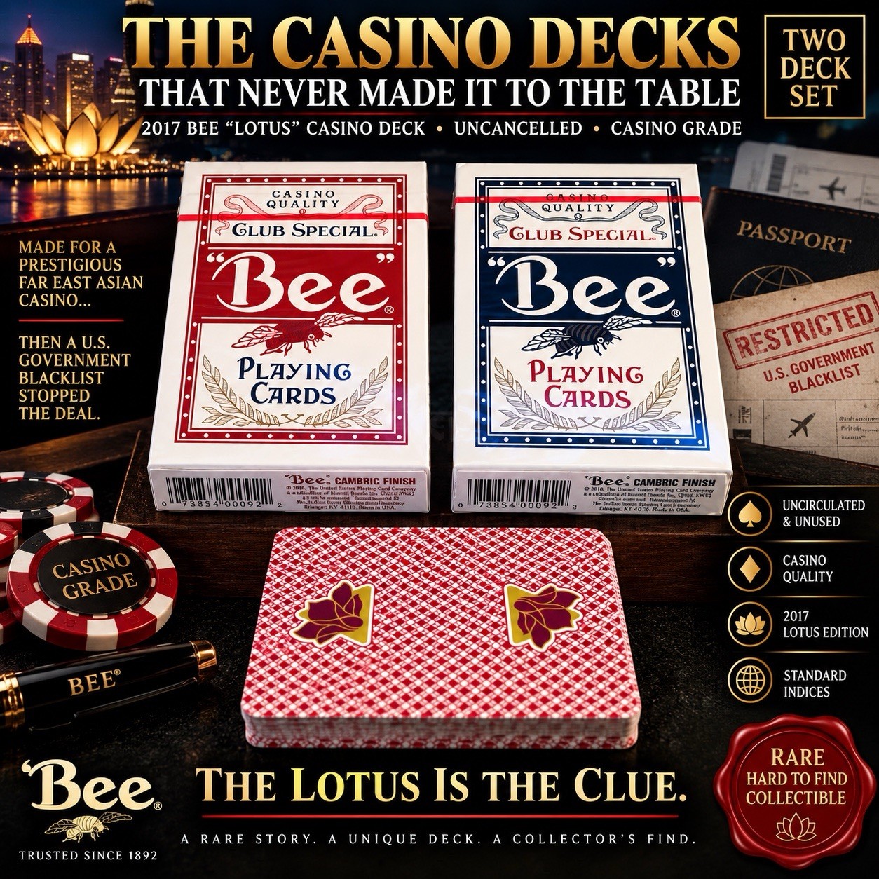 RARE Bee “Lotus” Casino Decks  2017 Unopened Uncancelled – Banned Casino Story