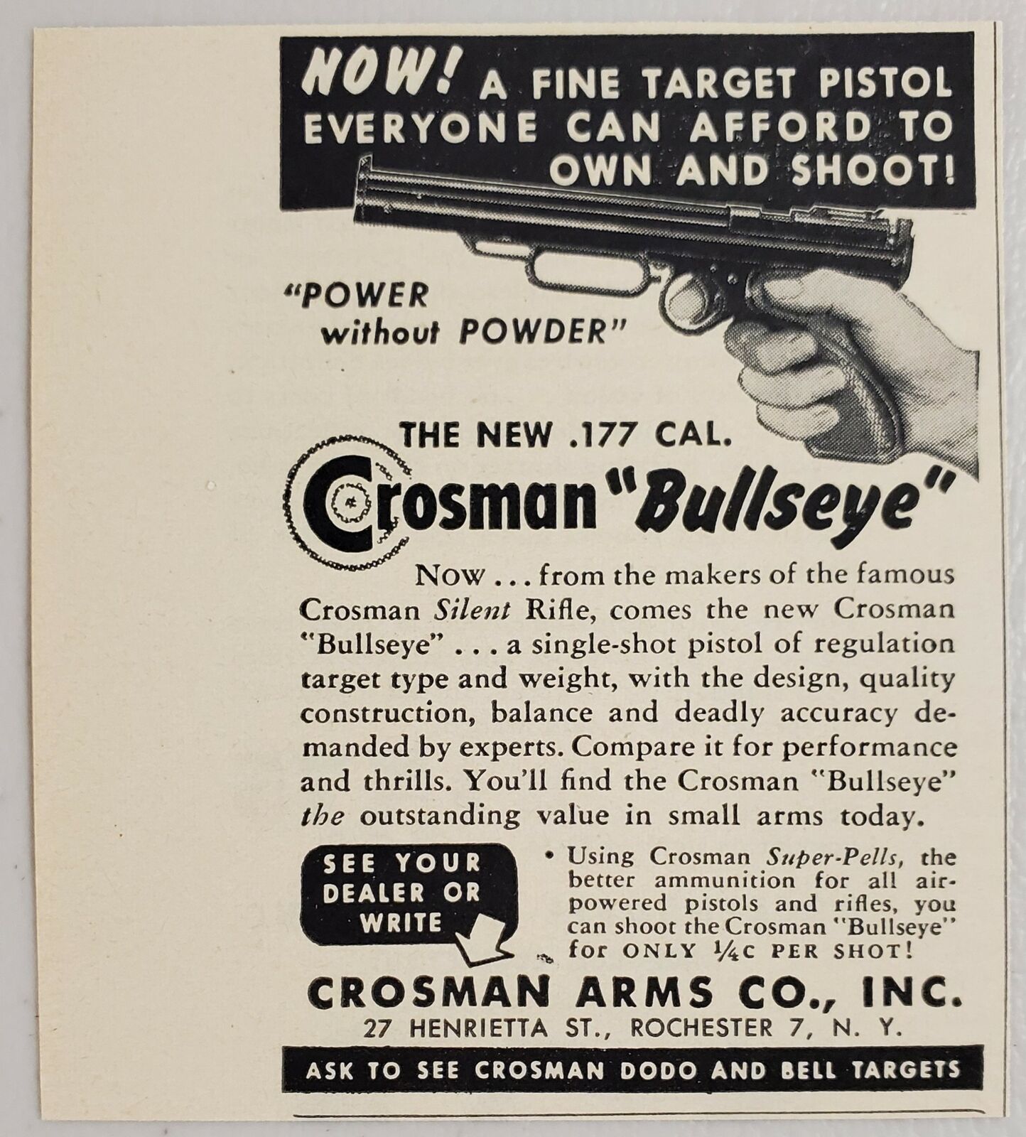 1948 Print Ad Crosman Bullseye .177 Caliber Pistols Rochester,New York