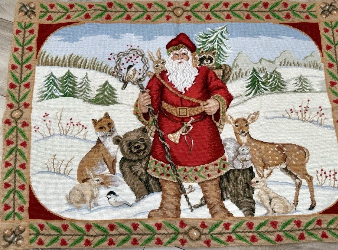 Christmas Tapestry C&F Ent. Wool Needlepoint Santa Woodland Animal 42X30 VTG NWT Christmas Tapestry C&F Ent. Wool Needlepoint Santa Woodland Animal 42X30 VTG NWT