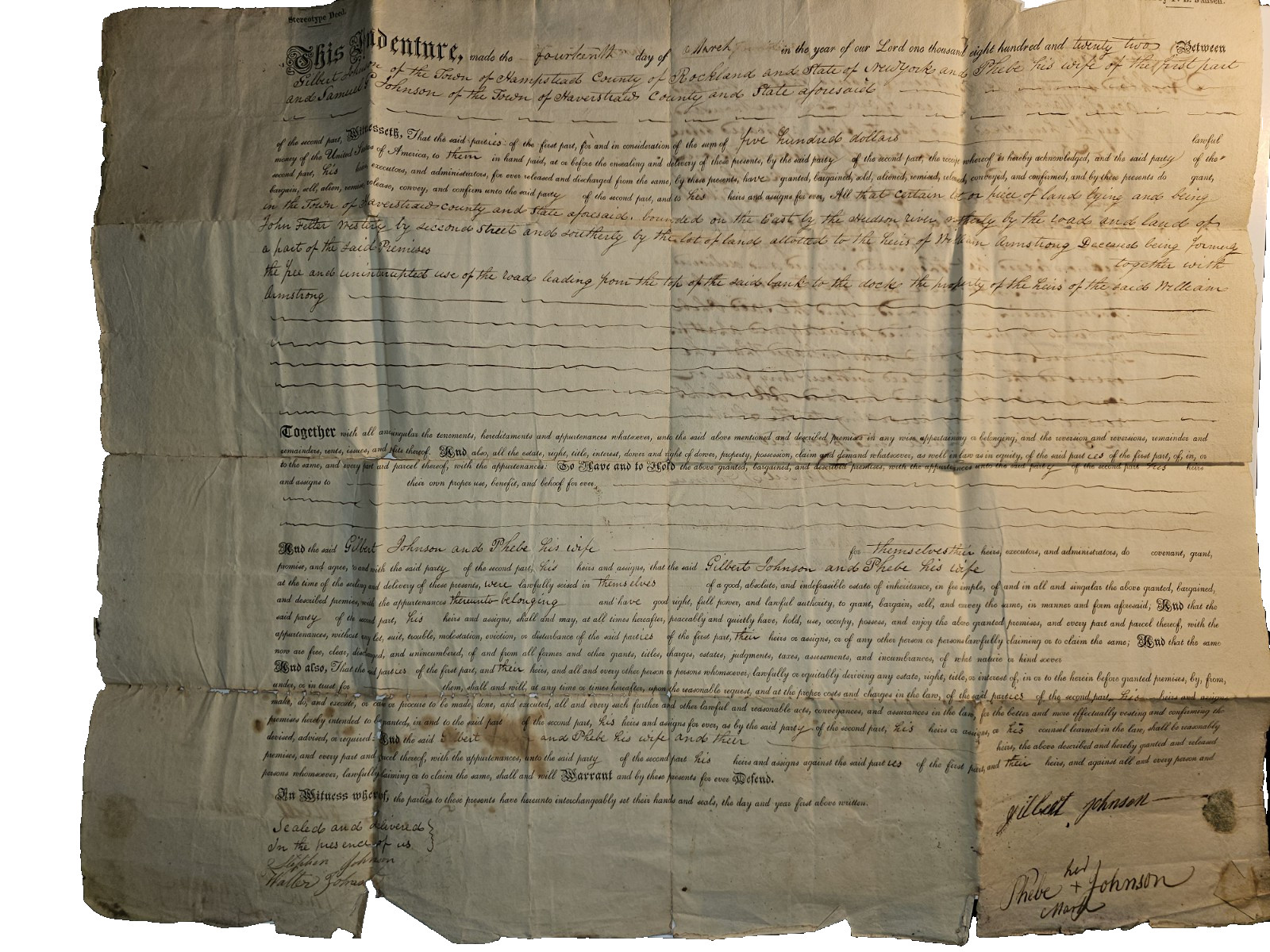 1822 Haverstraw NY Deed Hudson River Land Johnson Family + Map