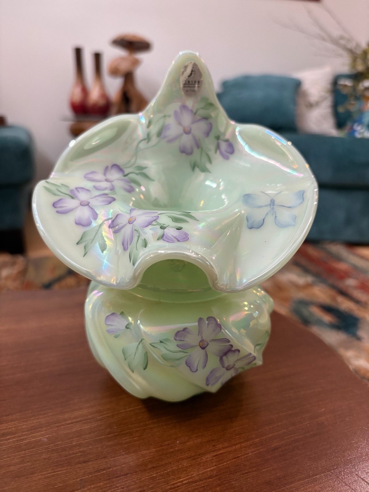 Fenton SEA GREEN IRIDESCENT WAVE CREST JACK IN THE PULPIT VASE Signed Hand Paint