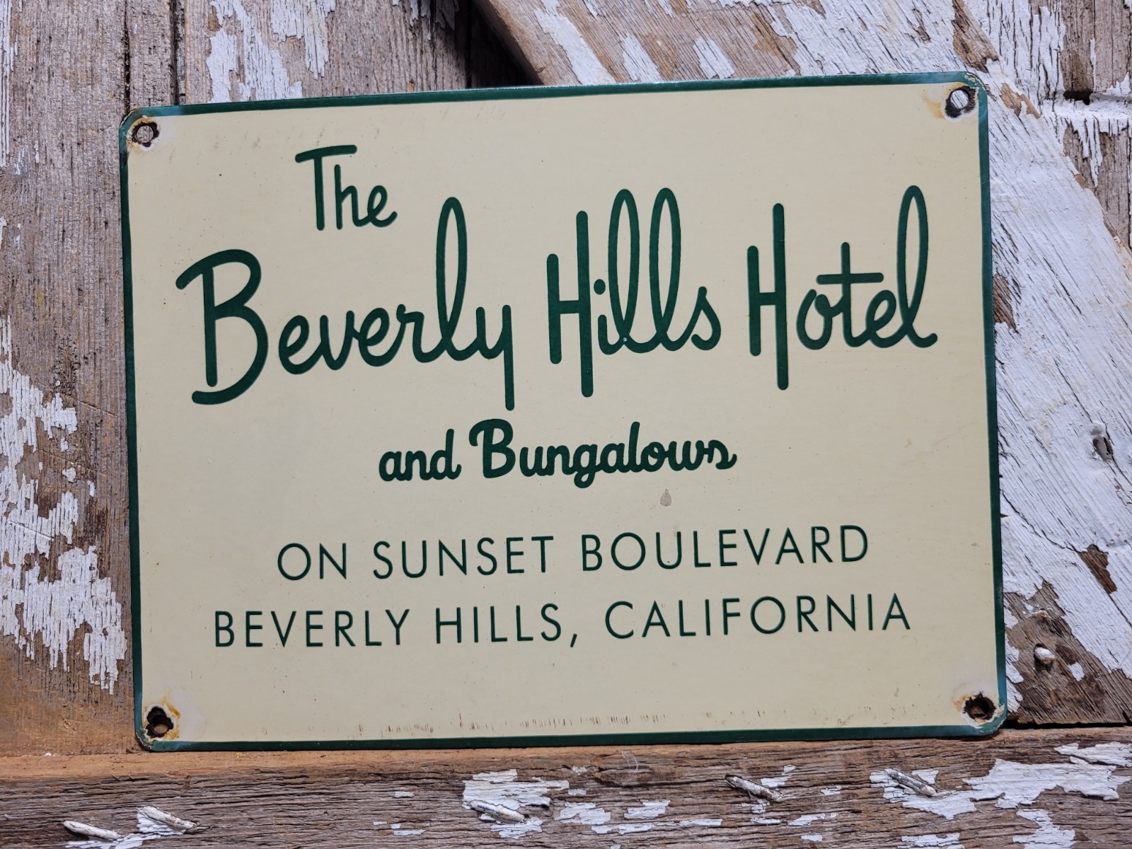 VINTAGE BEVERLY HILLS HOTEL PORCELAIN SIGN OLD SUNSET BOULEVARD CALIFORNIA MOTEL