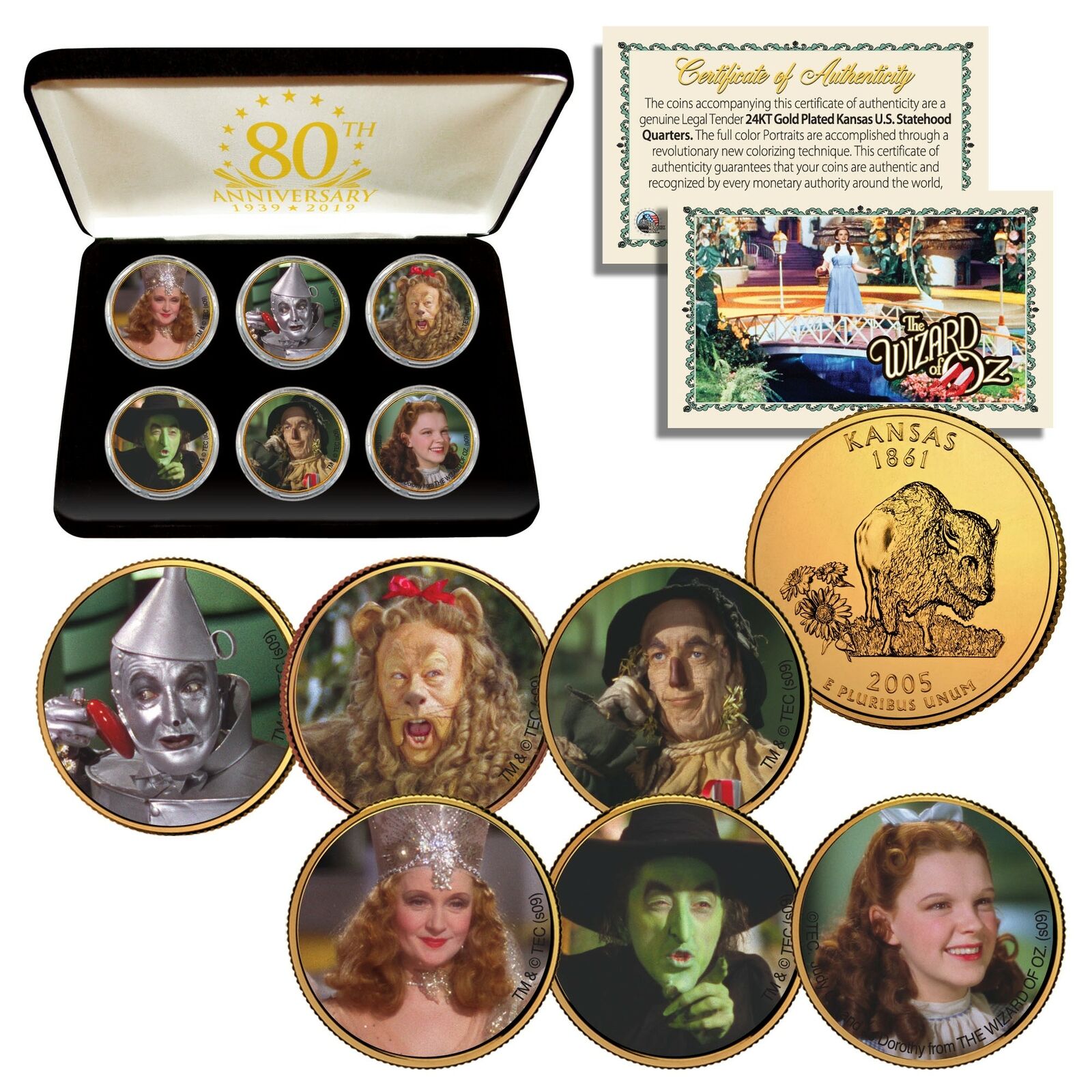 WIZARD OF OZ Kansas Quarters 24K Gold Clad 6-Coin Set with Display Gift Felt Box