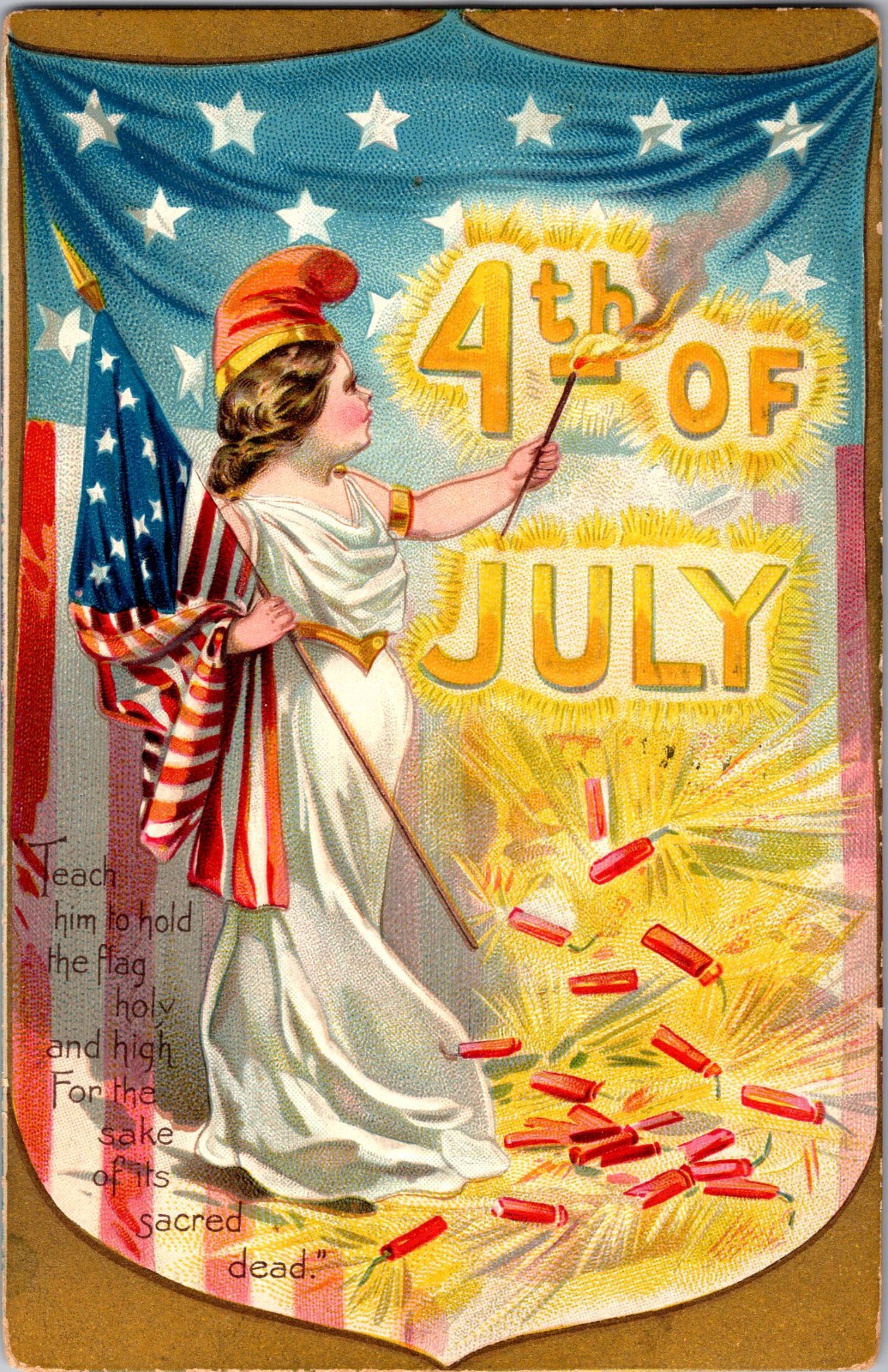 [86i] Postcard 1910, Raphael Tuck Independance Day Lady Liberty