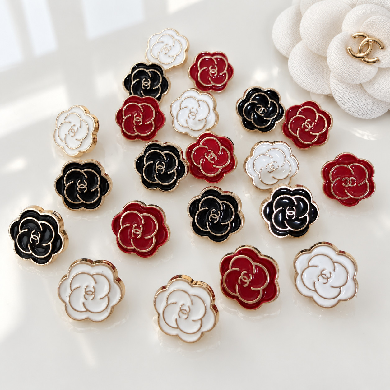 Mixed Set of 21 CHANEL CC Logo Camellia Buttons 12mm Multicolor Replacement