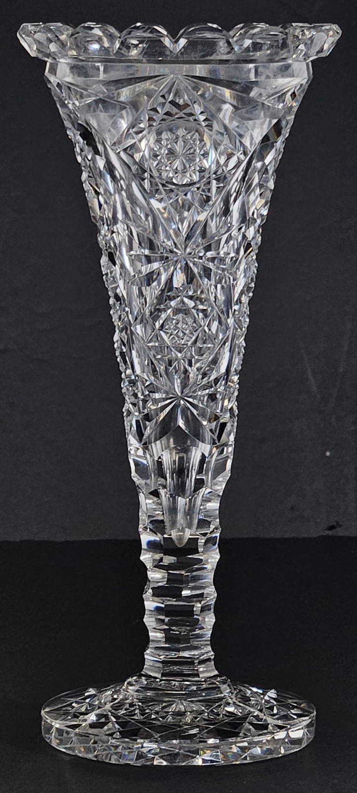 RARE Hawkes American Brilliant Period Cut Glass 8” Trumpet Vase Hobstar Diamonds