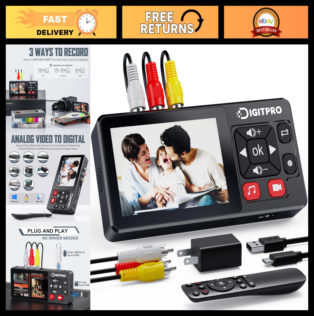 VHS to Digital Converter 2.0, HD Video to Digital Converter Recorder with Remote