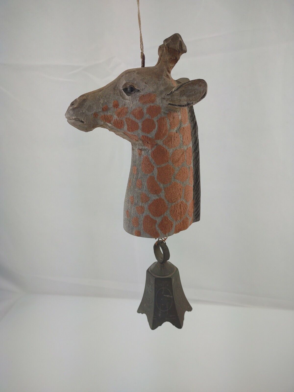 Hand Carved Giraffe Wood Head  Metal Rustic Bell by African Influence