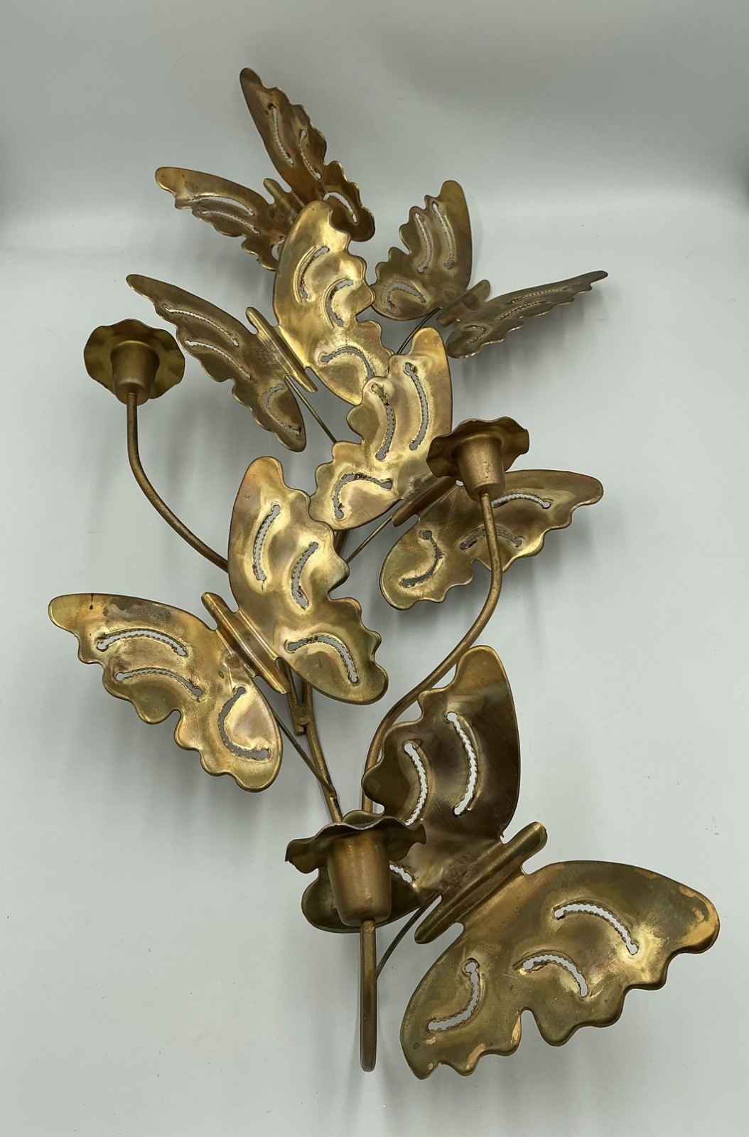 Vtg MCM Metal Art Brass Butterflies Wall Hanging 3 Candle Sconces 24” x 11” EUC Vtg MCM Metal Art Brass Butterflies Wall Hanging 3 Candle Sconces 24” x 11” EUC