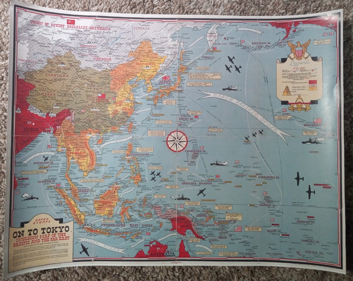 1944 ON TO TOKYO Invasion Map of the Pacific and the Far East-Double Sided/ COPY