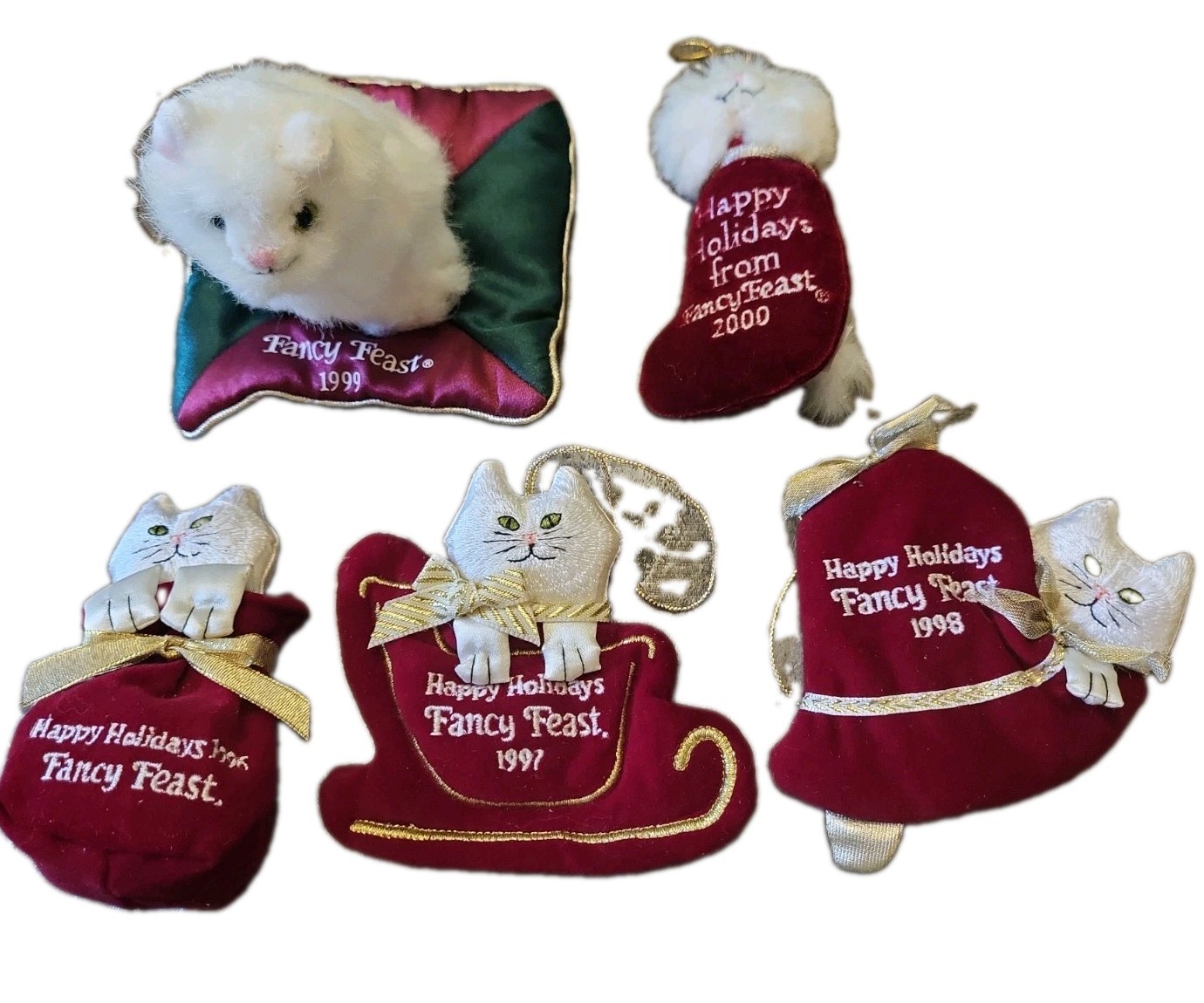 Vintage Fancy Feast Cat Christmas Ornament Lot 5 90s White Cat Kitten 1996-2000 Vintage Fancy Feast Cat Christmas Ornament Lot 5 90s White Cat Kitten 1996-2000