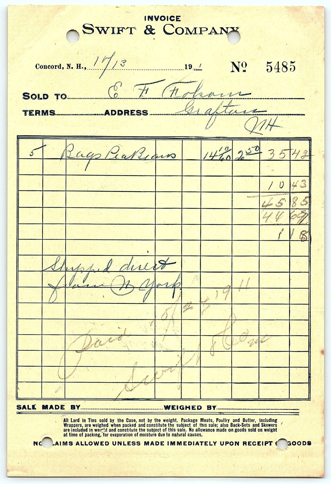 1913 Swift & Company Concord NH invoice, 5 bags potatoes