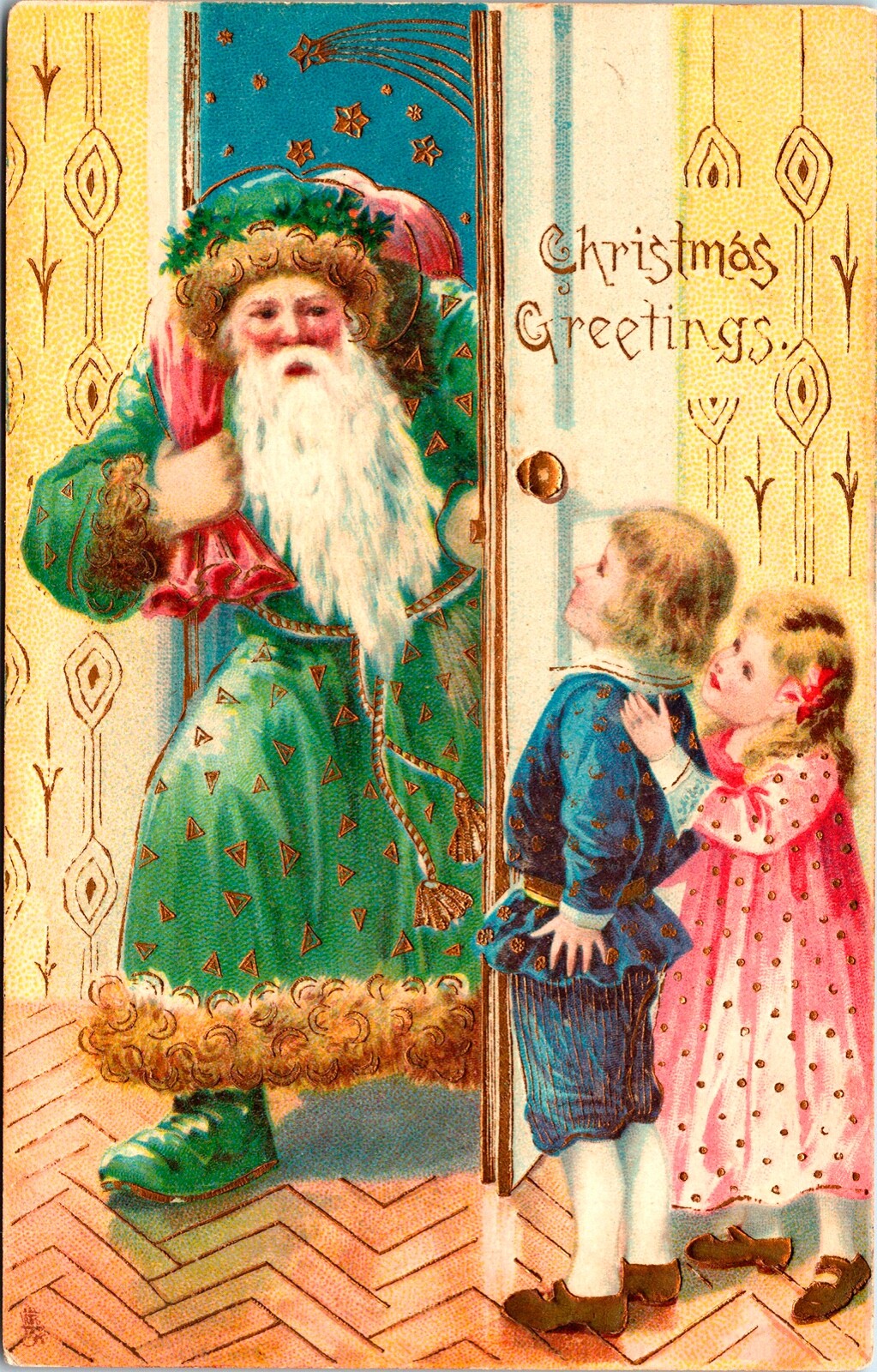 Vintage Tuck's Santa Claus in Green Robe/Boots, Pink Toy Bag, Christmas Postcard Vintage Tuck's Santa Claus in Green Robe/Boots, Pink Toy Bag, Christmas Postcard