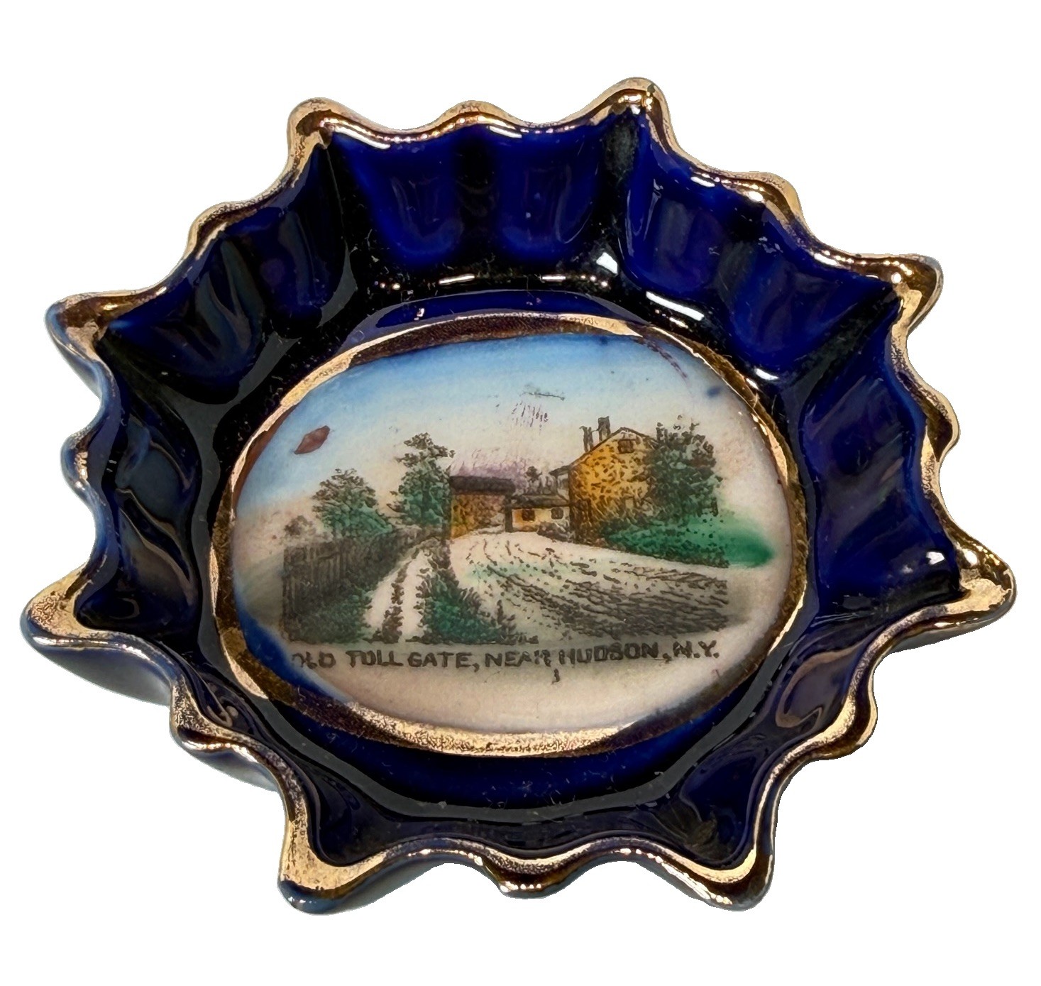 HUDSON NY NEW YORK Souvenir Porcelain TOLL GATE Cobalt Trinket ANTIQUE Dish