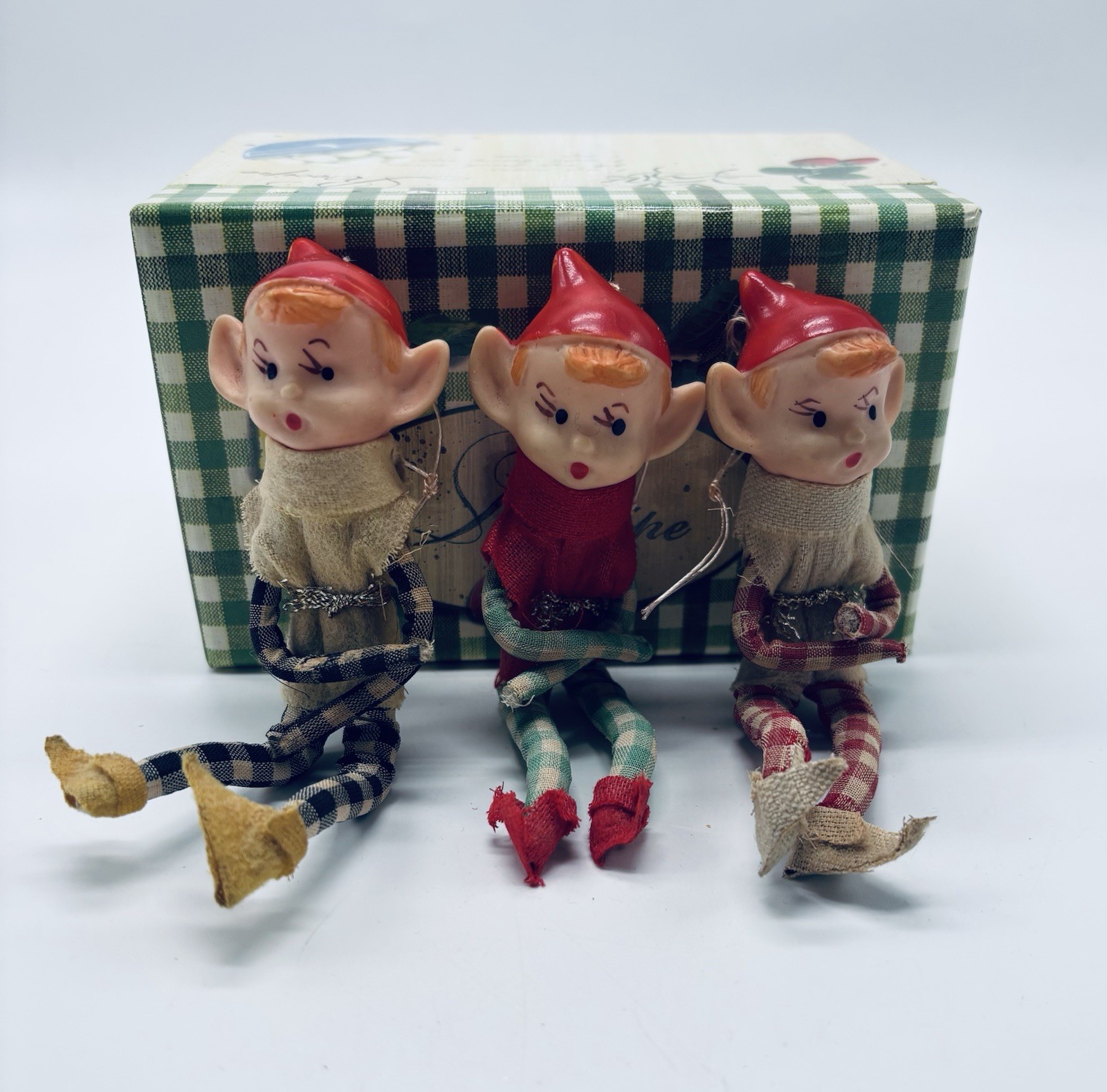 Vintage Japan Knee Hugger Elves Pixie Christmas Ornament Plaid 1950’s Lot Of 3 Vintage Japan Knee Hugger Elves Pixie Christmas Ornament Plaid 1950’s Lot Of 3