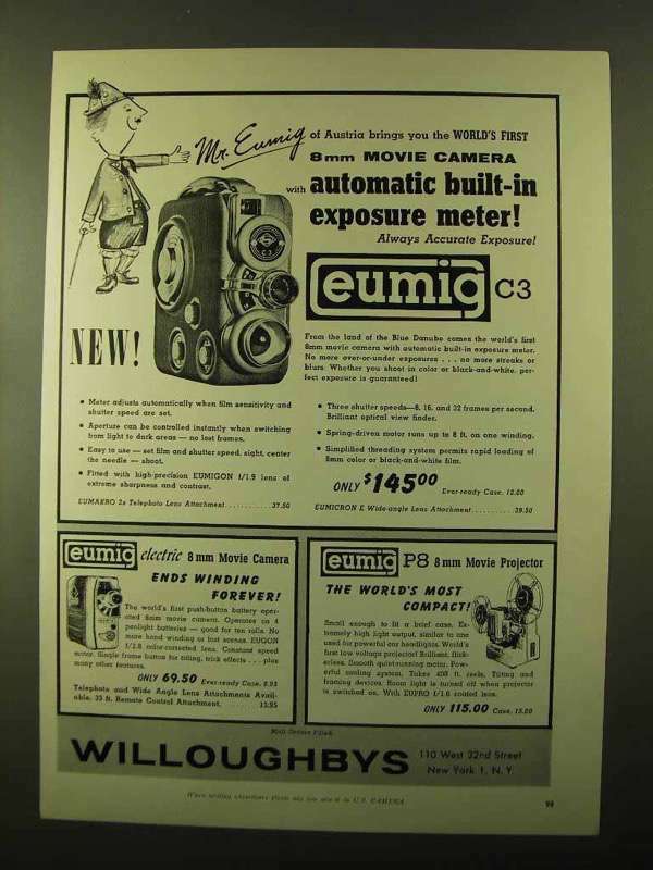 1957 Eumig C3 Movie Camera Ad - Built-in Meter
