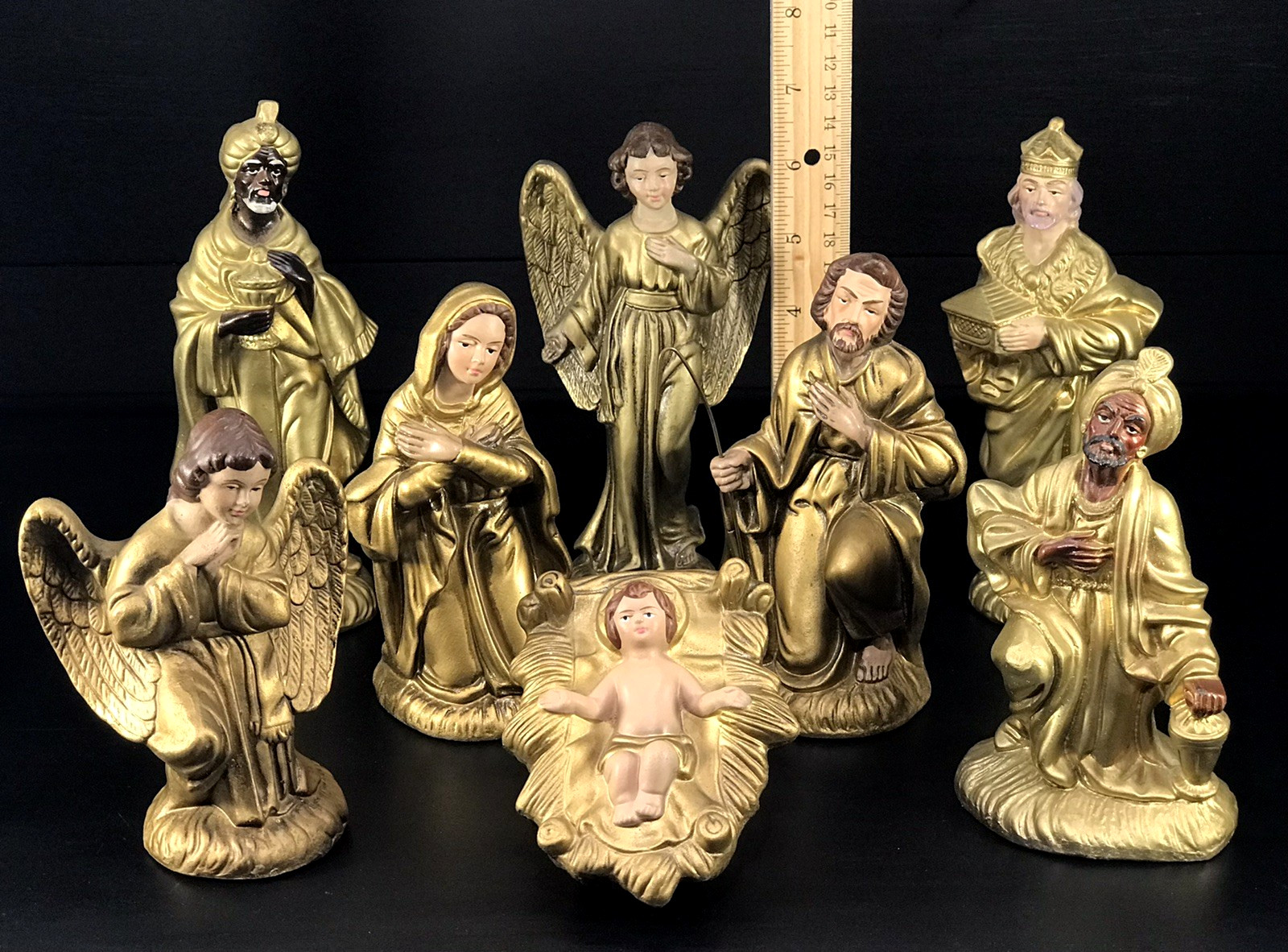 Vintage Inarco Japan Paper Mache Nativity Gold Holy Family Kings Angels 8pc 7.5 Vintage Inarco Japan Paper Mache Nativity Gold Holy Family Kings Angels 8pc 7.5