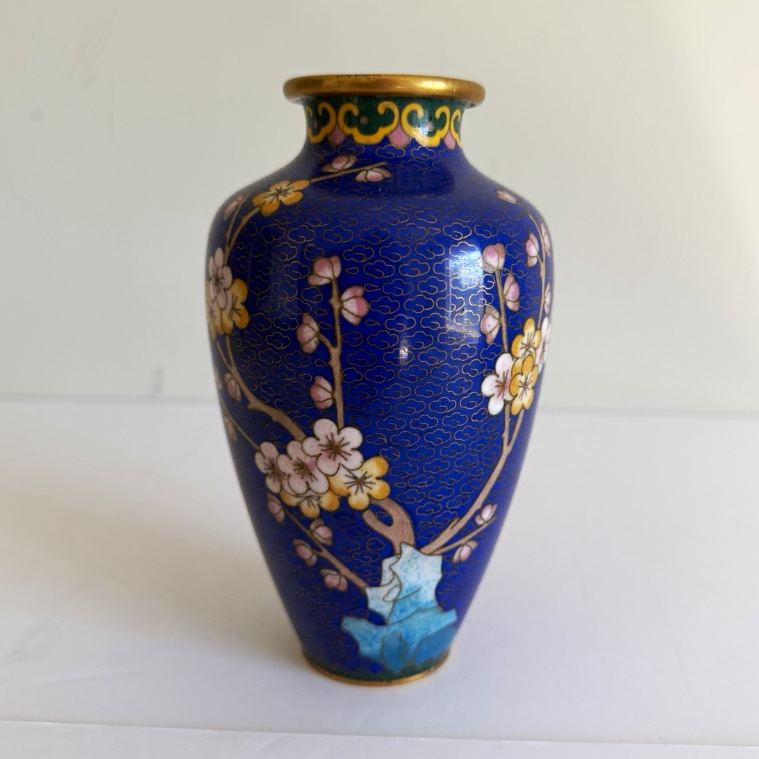 Pristine Vintage Chinese Cloisonne Vase Cobalt Blue Cherry Blossom Enamel 1970s