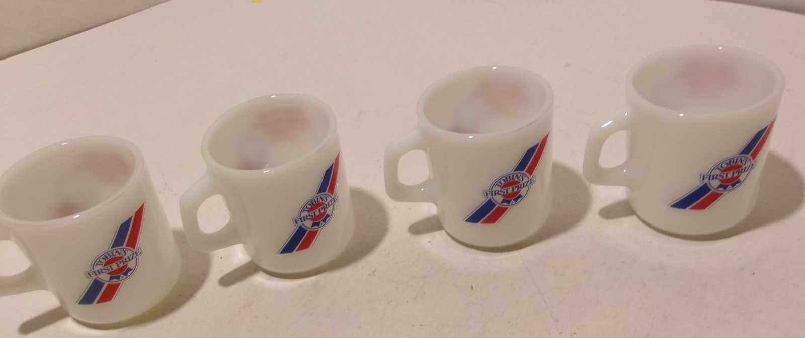VTG Set of 4 Galaxy Milk Glass Advertising Coffee Mugs Tobin's First Prize VTG Set of 4 Galaxy Milk Glass Advertising Coffee Mugs Tobin's First Prize