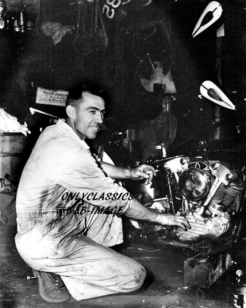 1946 SHELL THUET 8x10 PHOTO HARLEY DAVIDSON MOTORCYCLE RACER KNUCKLEHEAD MOTOR