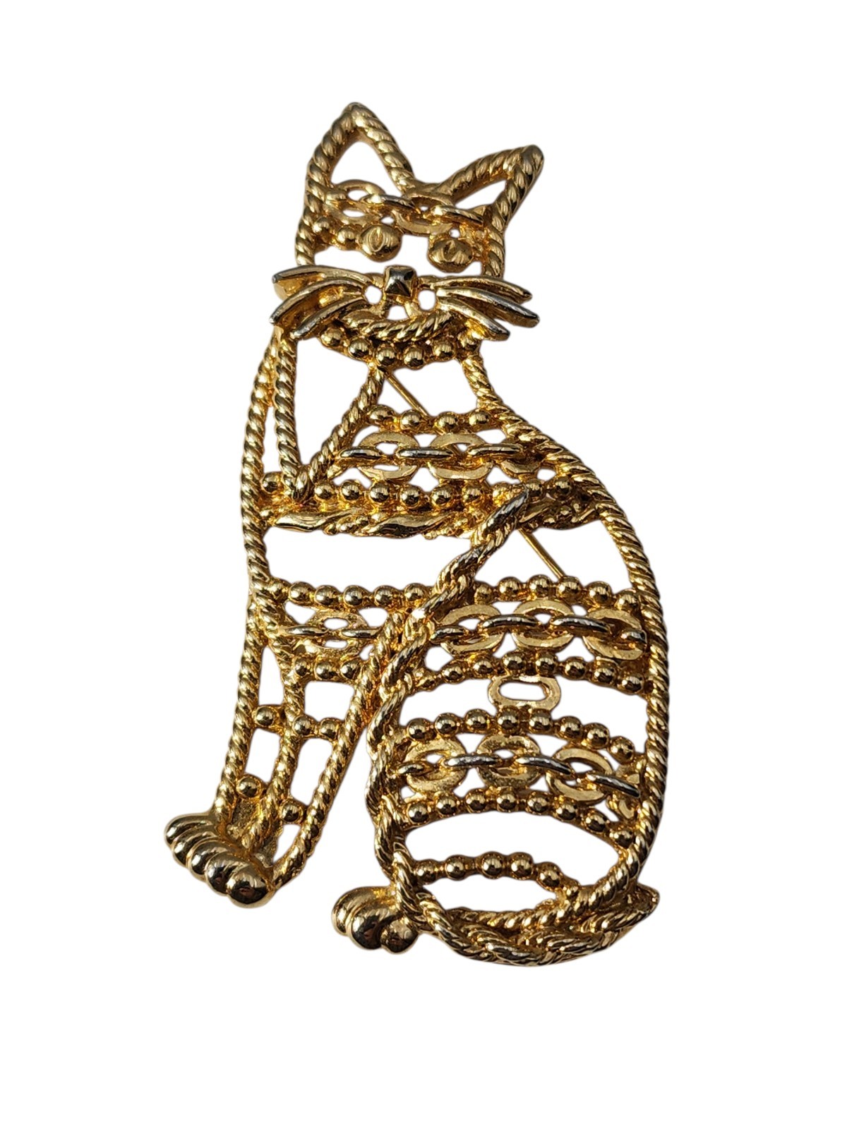 Vintage Signed AJC Gold Tone Chain Whiskers Cute Cat Kitty Brooch Pin