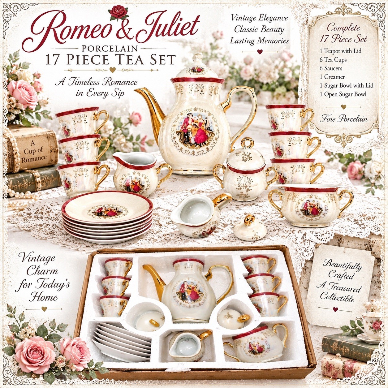VTG Victorian Style Fine Porcelain Tea Set 17 Piece Set With Gold Trim Handles