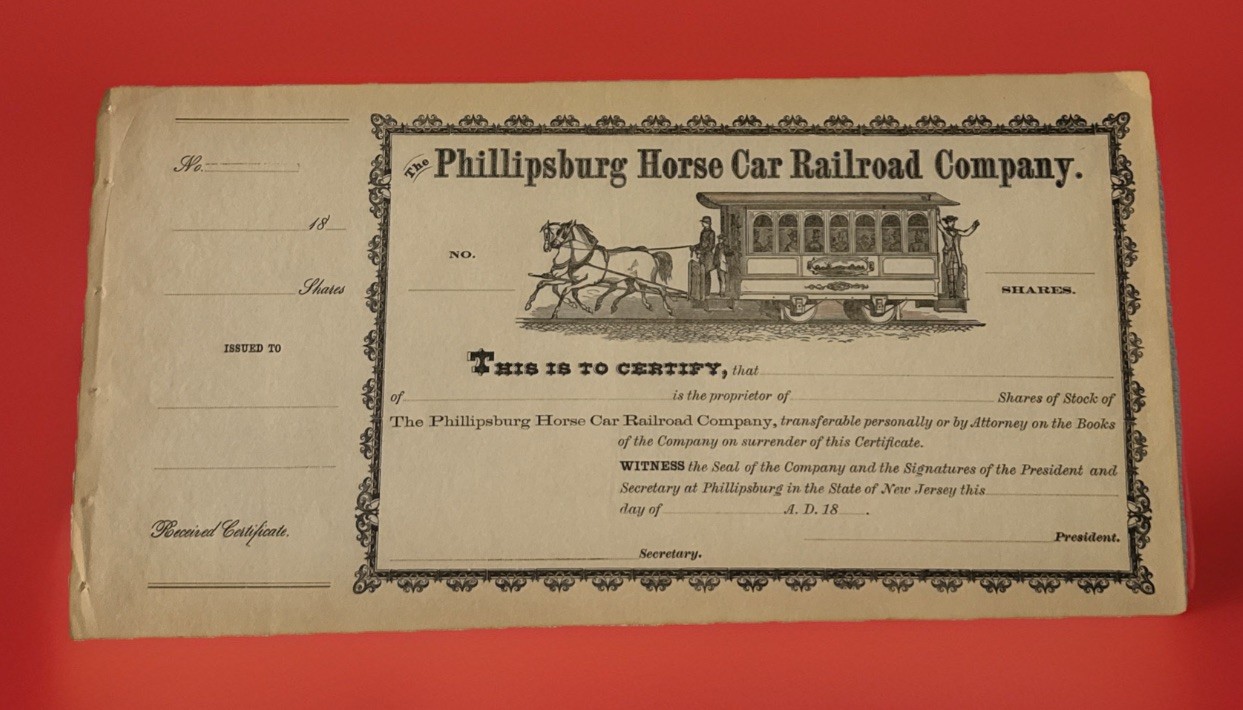 c1800’s Phillipsburg Horse Car RR Co Stock RARE Unissued NJ/PA Transit History
