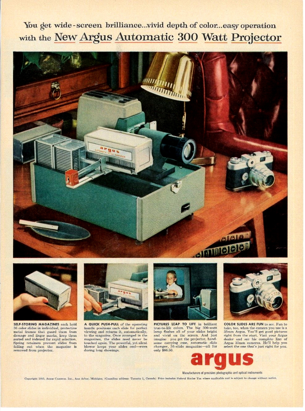 1955 Argus Automatic 300 Watt Projector Vintage Print Ad 35 MM Camera Slides