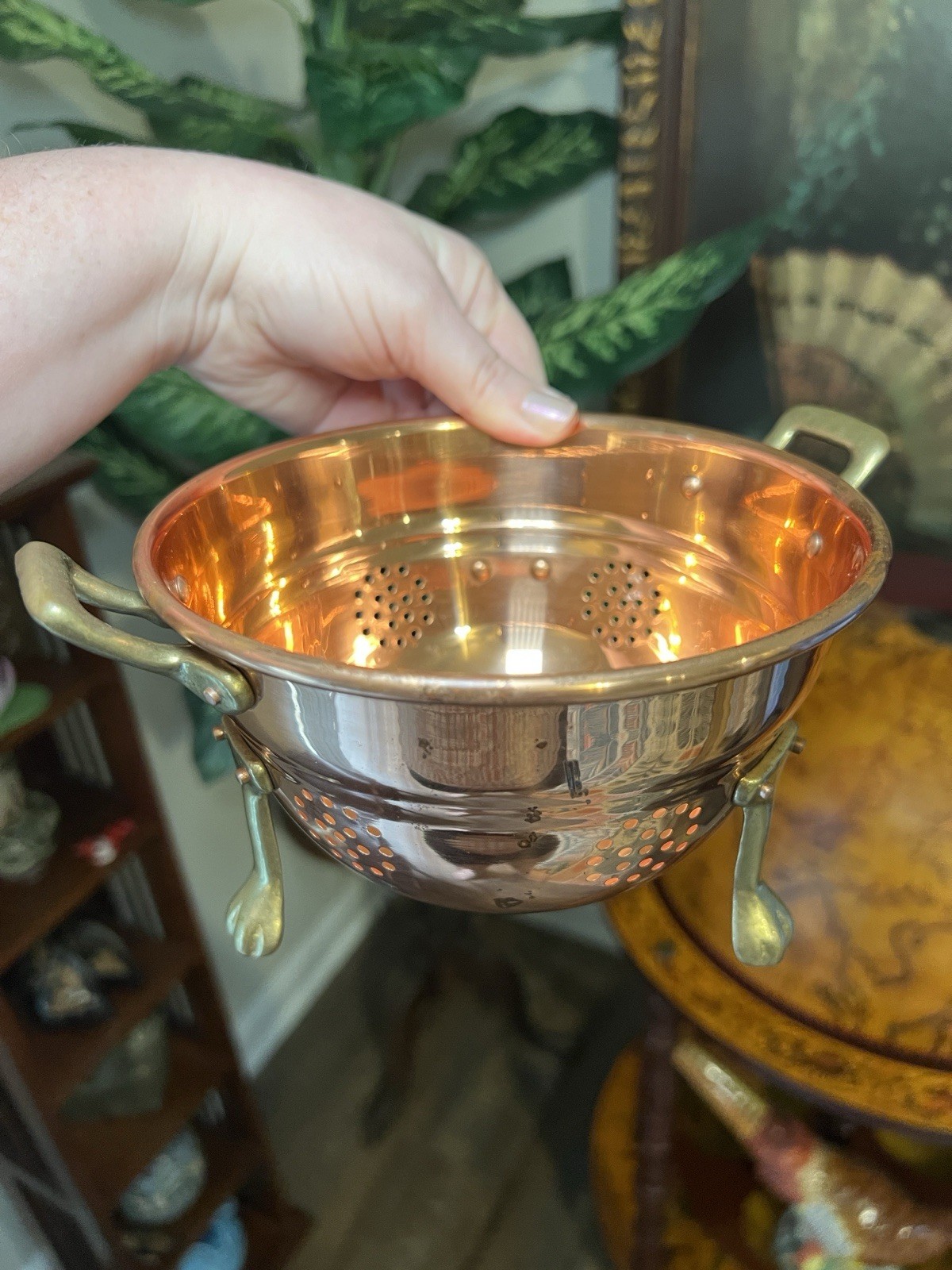 Vintage French Country Cottage Copper Colander Strainer Brass Handles Claw Feet